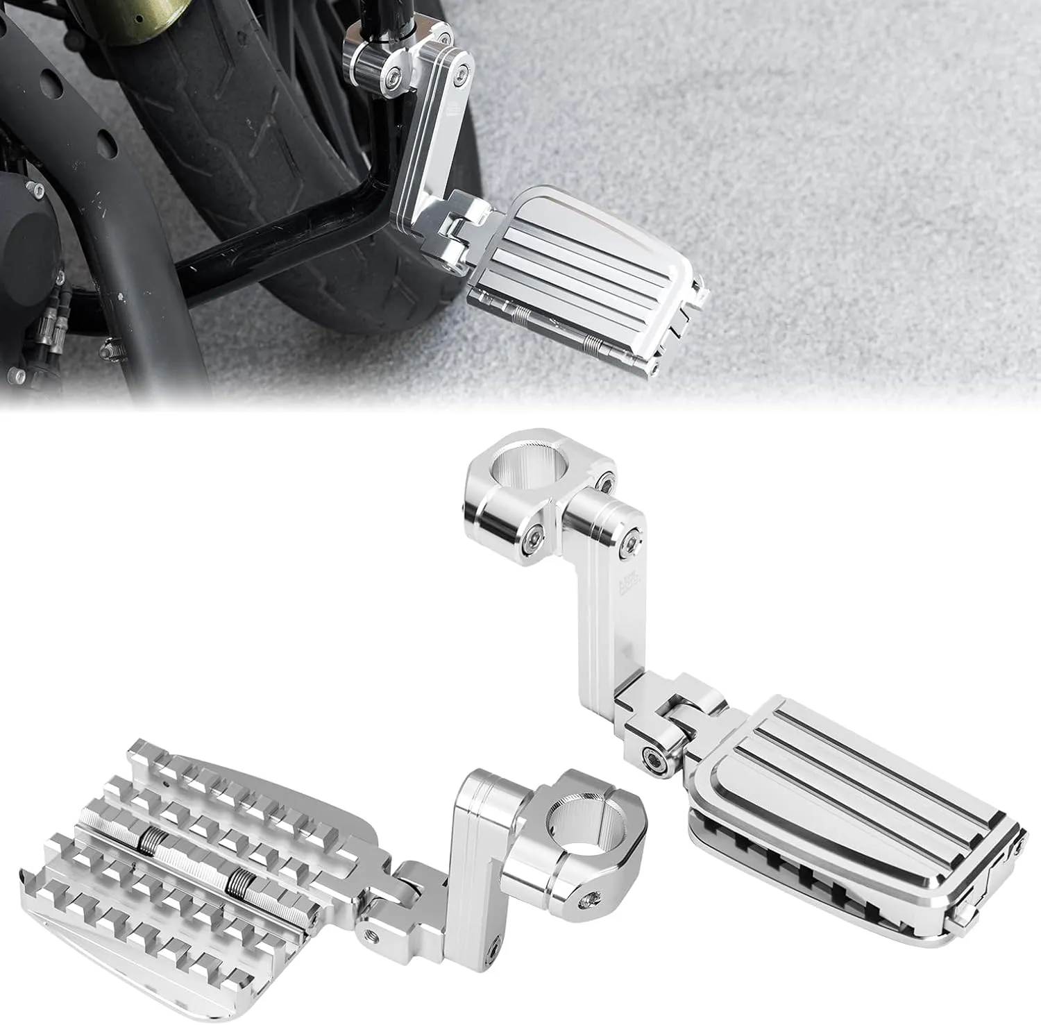 KEMIMOTO CNC Aluminum Highway Pegs with Expandable Heel Rests 1.25" Highway Long Angled Pegs Adjustable Fit for Street Glide Road King Road Glide Softail Dyna Sportster 1-1/4" Engine Guard Chrome