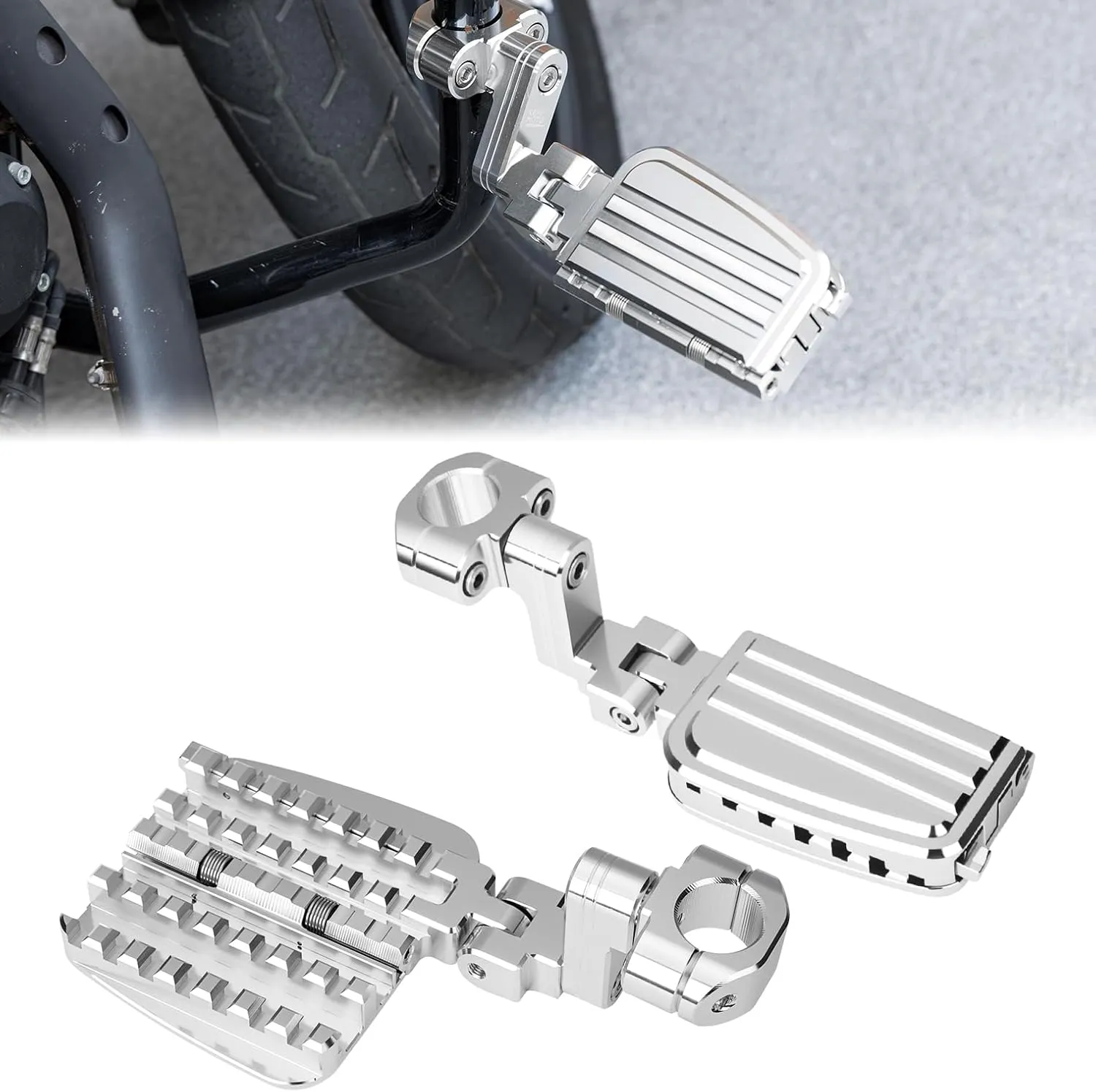 KEMIMOTO CNC Aluminum Highway Pegs with Expandable Heel Rests 1.25" Highway Short Angled Pegs Adjustable Fit for Street Glide Road King Road Glide Softail Dyna Sportster 1-1/4" Engine Guard Chrome