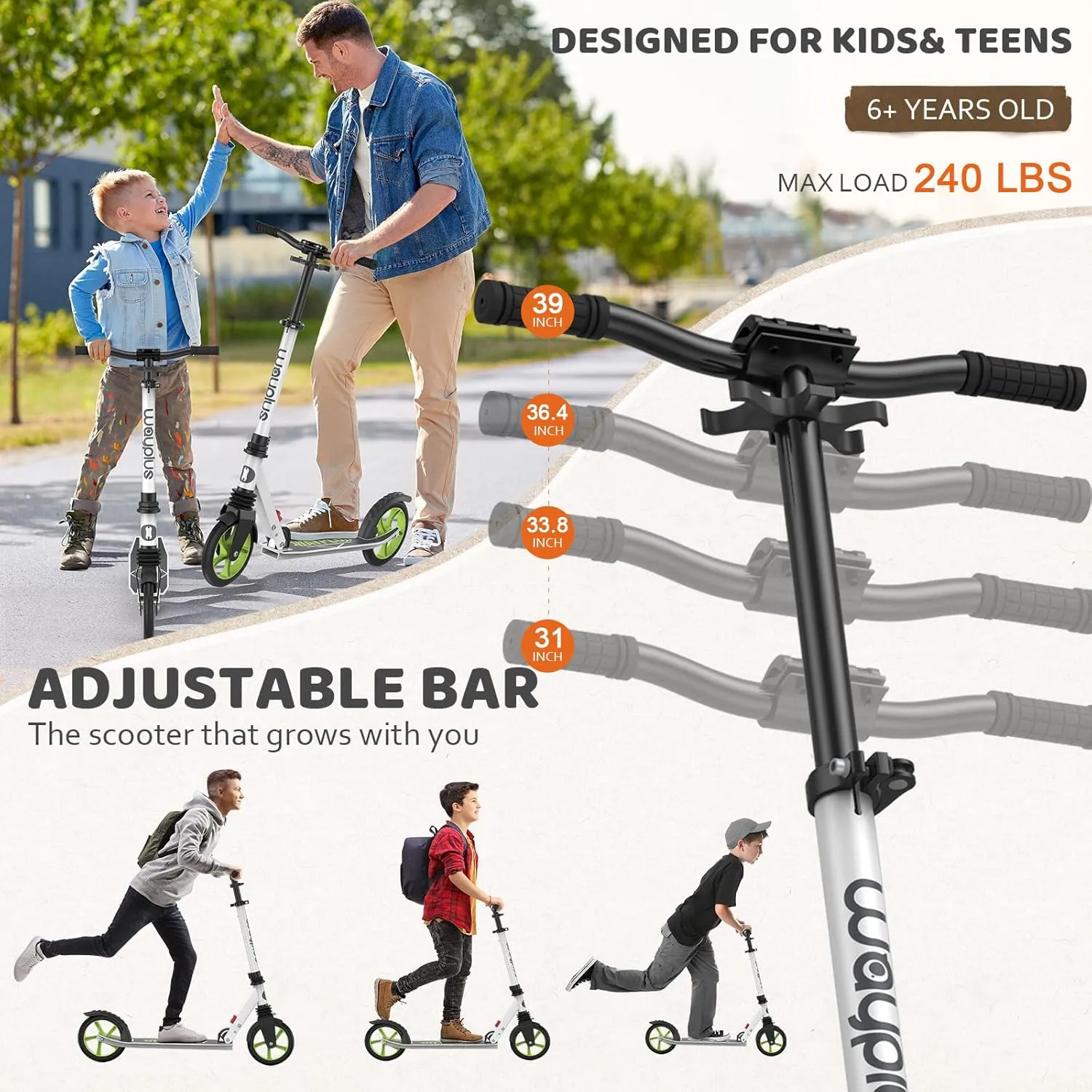 Kick Scooter for Ages 6 ,Kid, Teens & Adults. Max Load 240 LBS. Foldable, Lightweight, 8IN Big Wheels for Kids, Teen and Adults, 4 Adjustable Levels. Bearing ABEC9