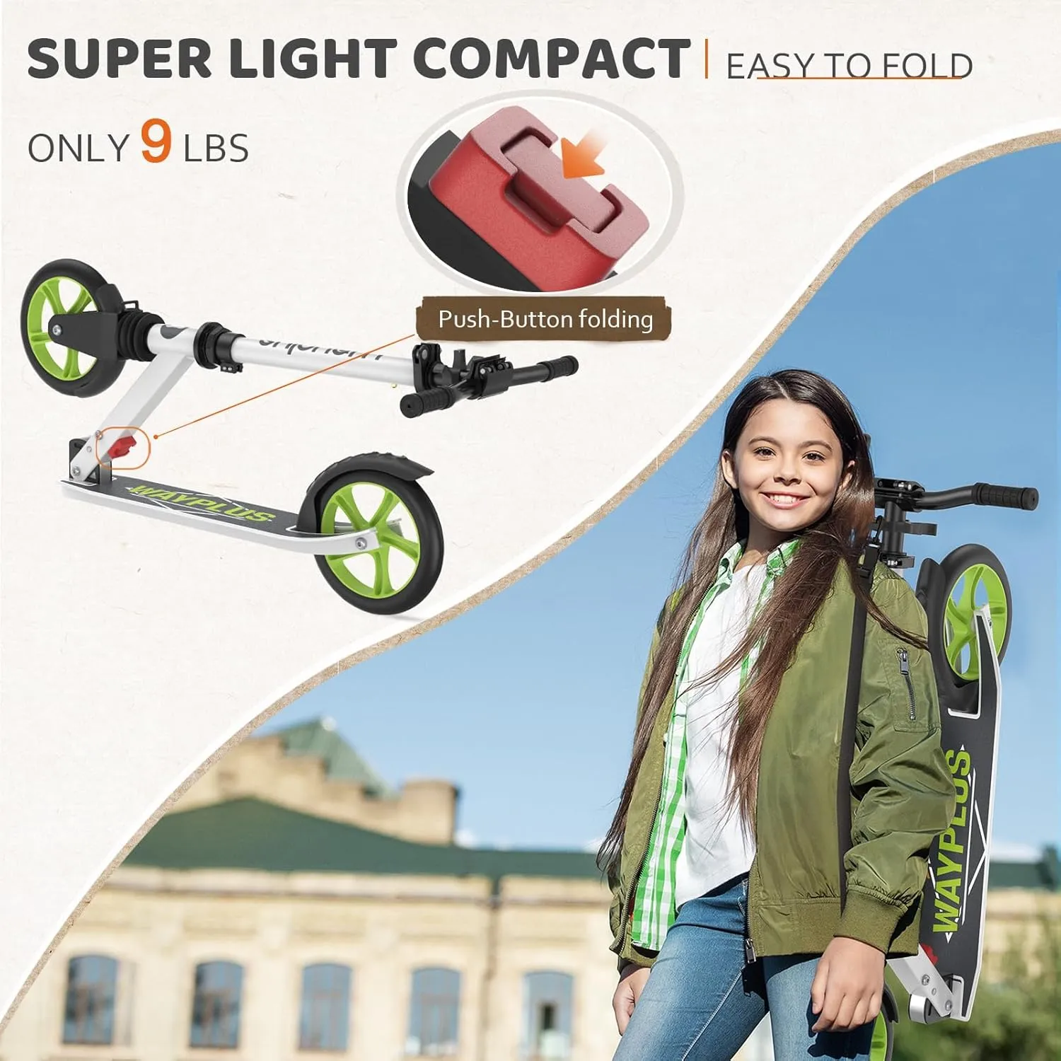 Kick Scooter for Ages 6 ,Kid, Teens & Adults. Max Load 240 LBS. Foldable, Lightweight, 8IN Big Wheels for Kids, Teen and Adults, 4 Adjustable Levels. Bearing ABEC9