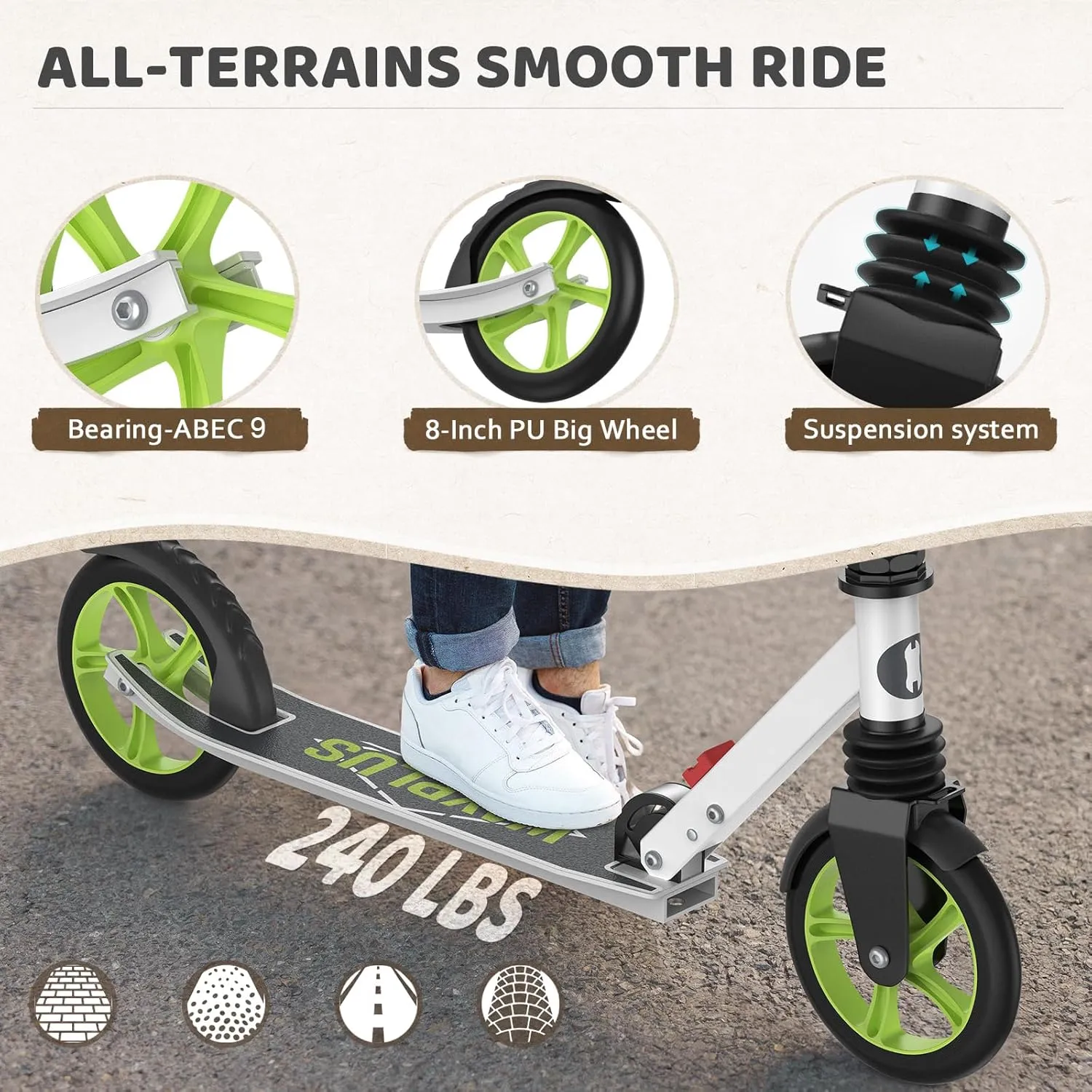 Kick Scooter for Ages 6 ,Kid, Teens & Adults. Max Load 240 LBS. Foldable, Lightweight, 8IN Big Wheels for Kids, Teen and Adults, 4 Adjustable Levels. Bearing ABEC9