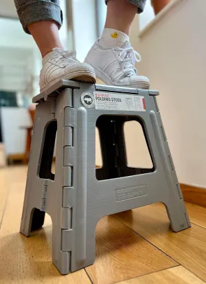 Kikkerland Foldable Sturdy Non- Slip Compact Lightweight Plastic Rhino II Step Stool, Grey, Holds up to 300 lbs, for Kitchen, Bathroom