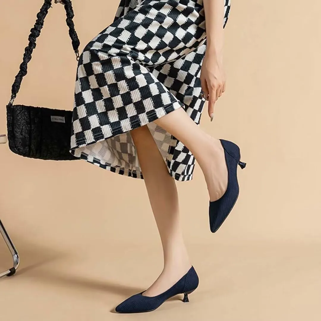 Kitten Heel Pumps for Women Pointed Toe Knit Slip On Foldable Comfortable Casual Formal Dress Shoes
