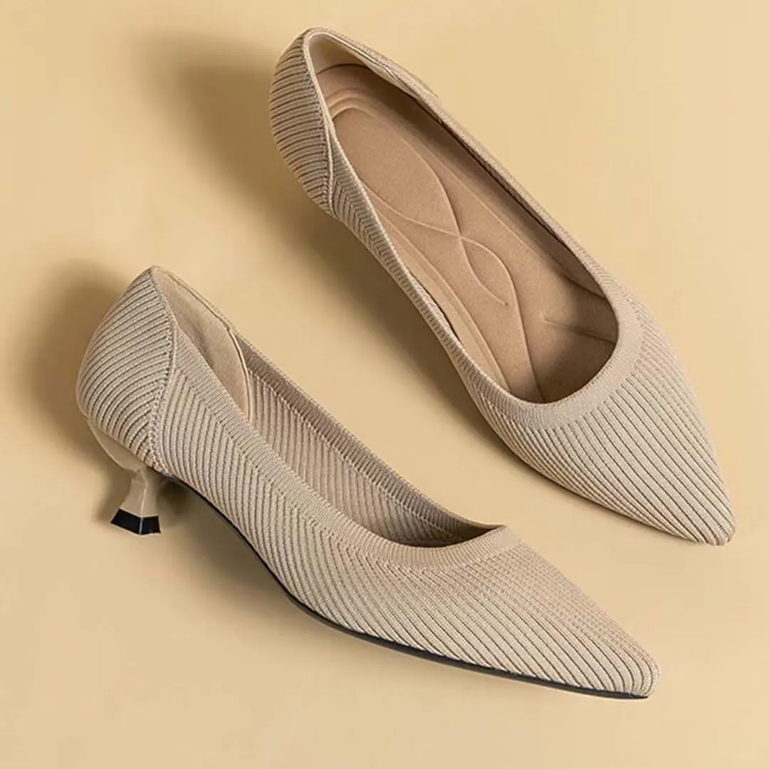 Kitten Heel Pumps for Women Pointed Toe Knit Slip On Foldable Comfortable Casual Formal Dress Shoes