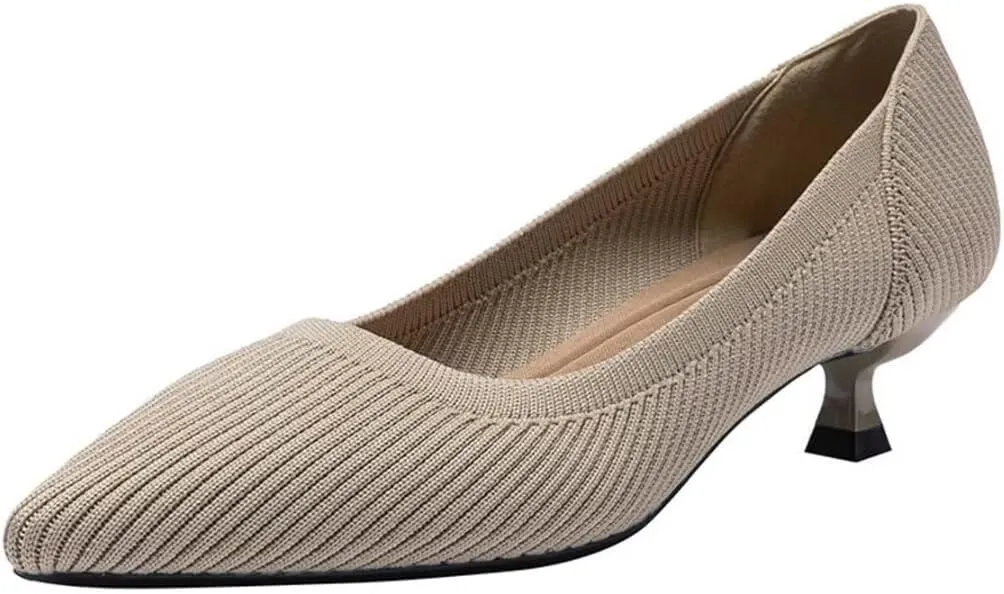 Kitten Heel Pumps for Women Pointed Toe Knit Slip On Foldable Comfortable Casual Formal Dress Shoes