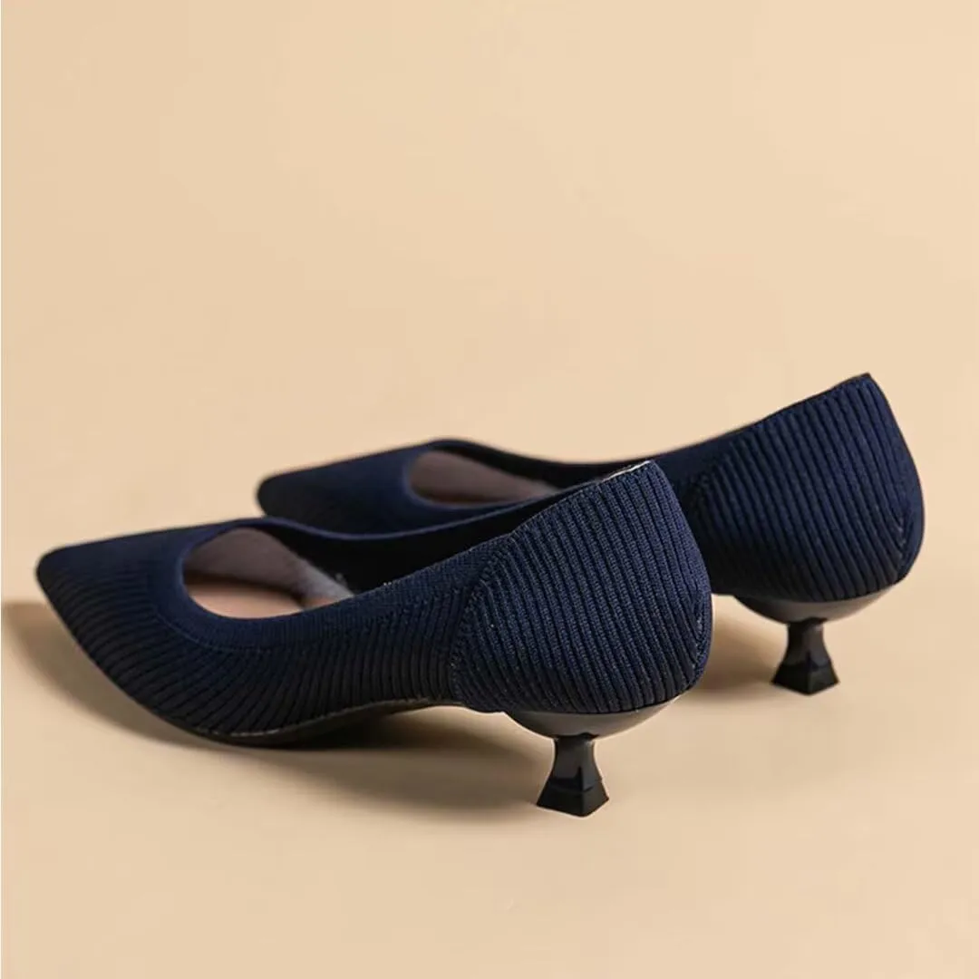 Kitten Heel Pumps for Women Pointed Toe Knit Slip On Foldable Comfortable Casual Formal Dress Shoes