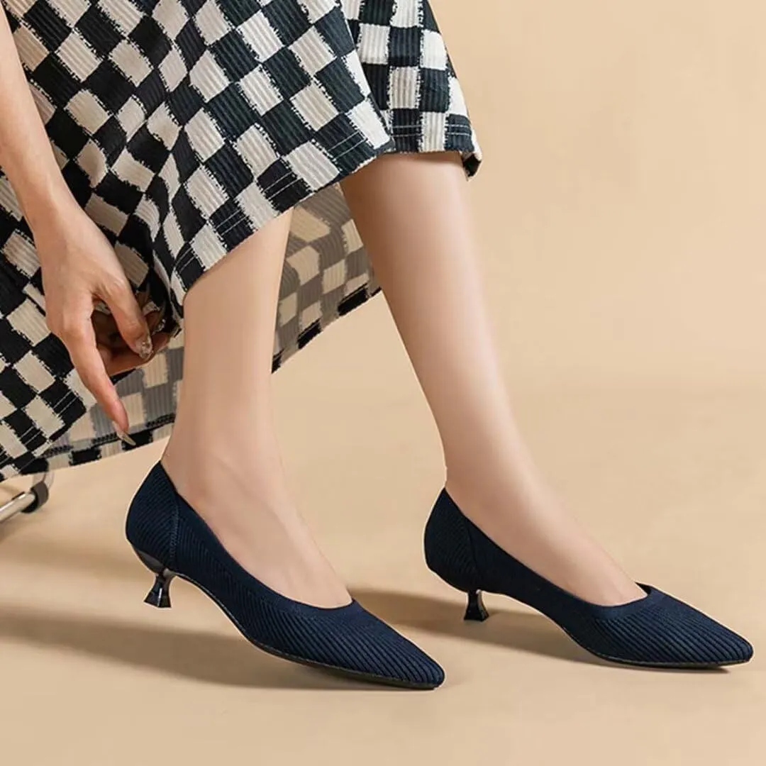 Kitten Heel Pumps for Women Pointed Toe Knit Slip On Foldable Comfortable Casual Formal Dress Shoes