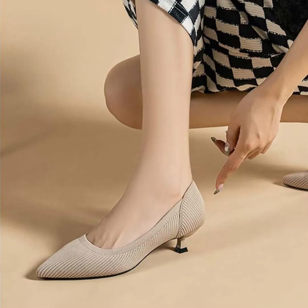 Kitten Heel Pumps for Women Pointed Toe Knit Slip On Foldable Comfortable Casual Formal Dress Shoes