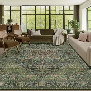 Kokia 9x12 Washable Area Rugs Eden Green with Vintage Orient Design, Soft Rug for Living Room or Bedroom, Non-Slip Low Pile Stain Resistance Features, Distressed Medallion Pattern
