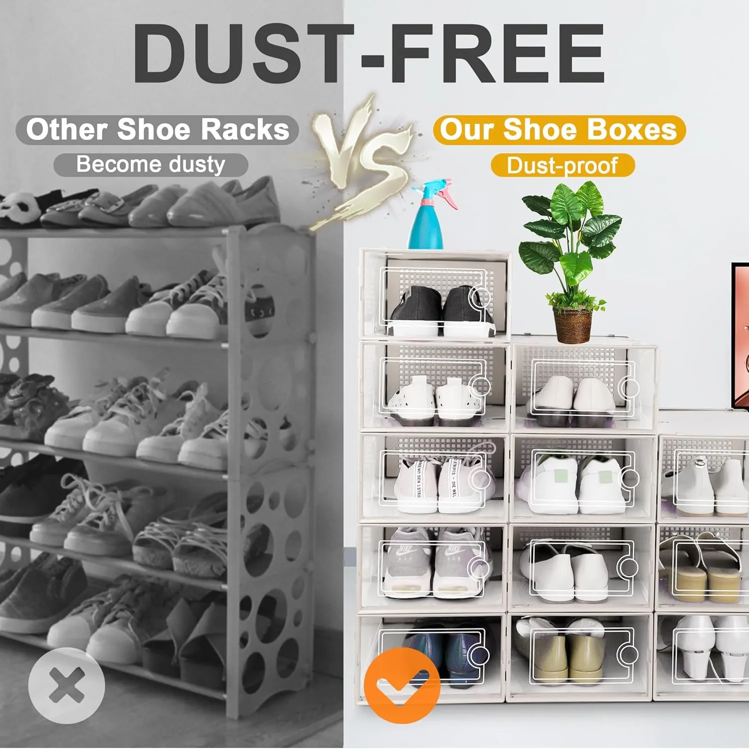 Kuject Large Shoe Organizers Storage Boxes for Closet, 12 Pack Clear Plastic Stackable Storage Bins with Lids, Under Bed Shoe Containers for Entryway, Fit up to Women's Size 10,Black,Off-white