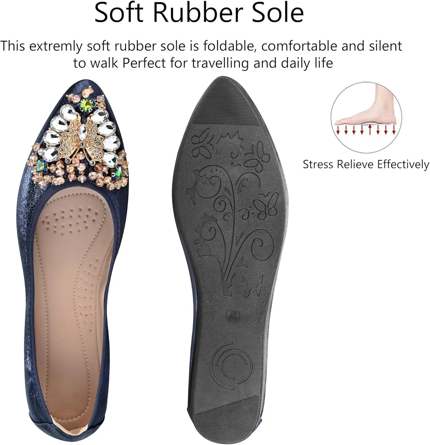 KUNWFNIX Women Ballet Flats Rhinestone Wedding Ballerina Shoes Foldable Sparkly Comfort Slip on Flat Shoes