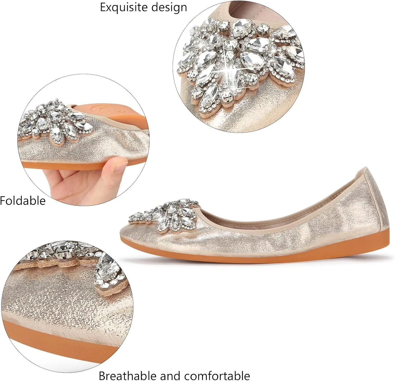 KUNWFNIX Women Ballet Flats Rhinestone Wedding Ballerina Shoes Foldable Sparkly Comfort Slip on Flat Shoes