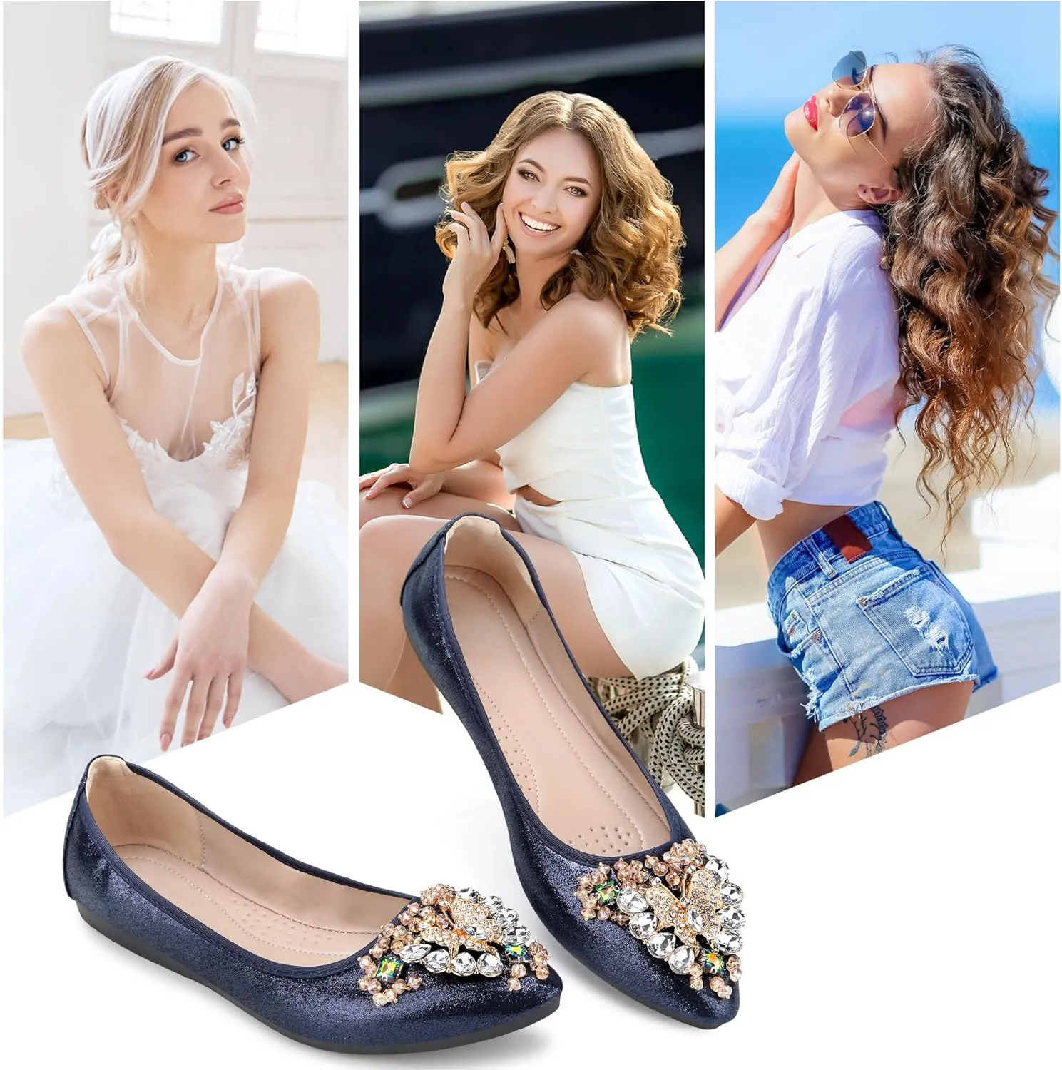 KUNWFNIX Women Ballet Flats Rhinestone Wedding Ballerina Shoes Foldable Sparkly Comfort Slip on Flat Shoes