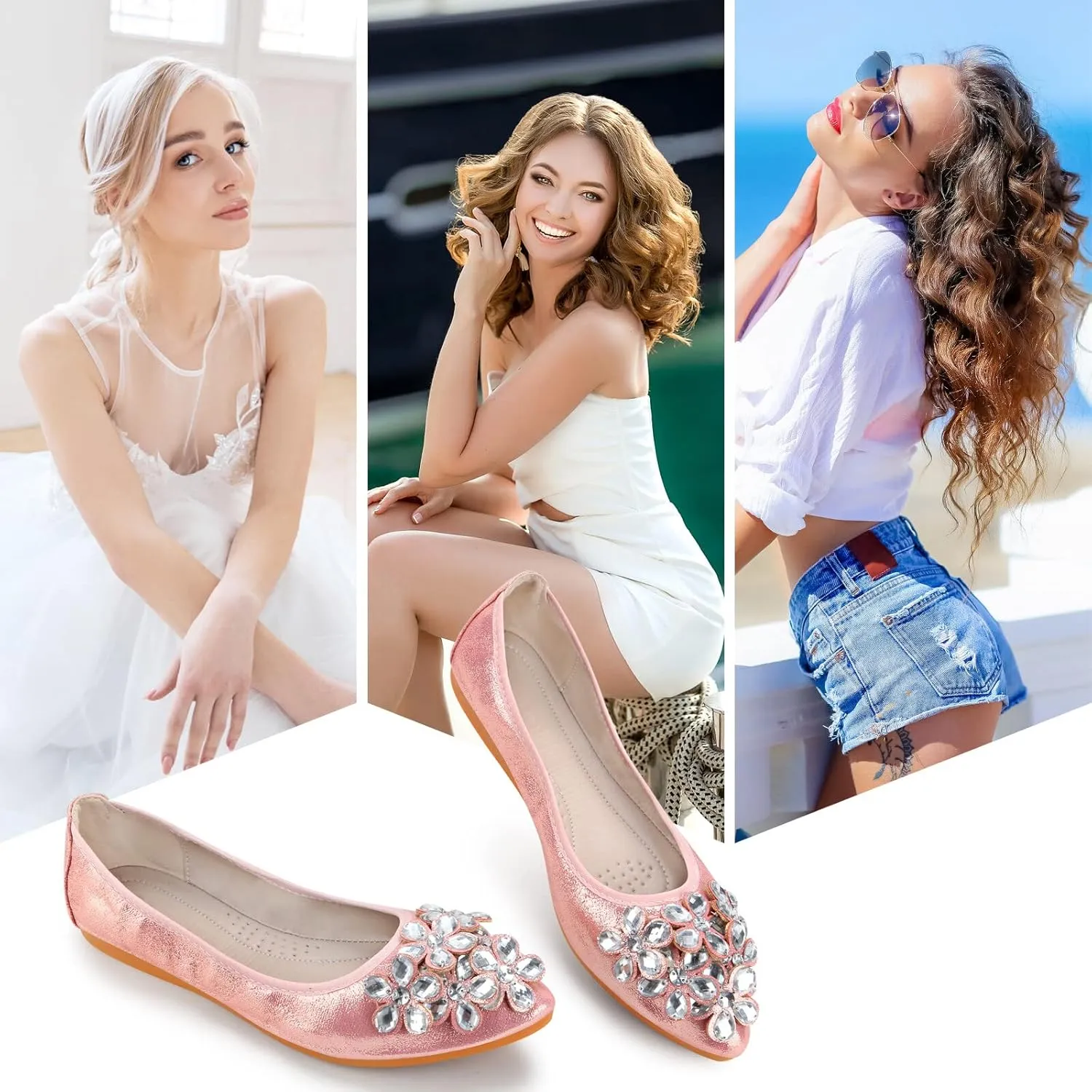 KUNWFNIX Women Ballet Flats Rhinestone Wedding Ballerina Shoes Foldable Sparkly Comfort Slip on Flat Shoes