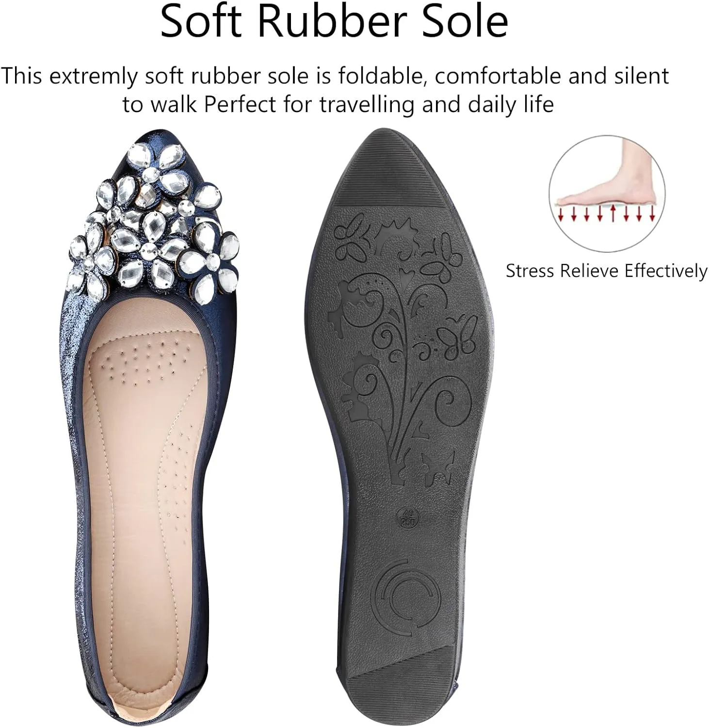 KUNWFNIX Women Ballet Flats Rhinestone Wedding Ballerina Shoes Foldable Sparkly Comfort Slip on Flat Shoes