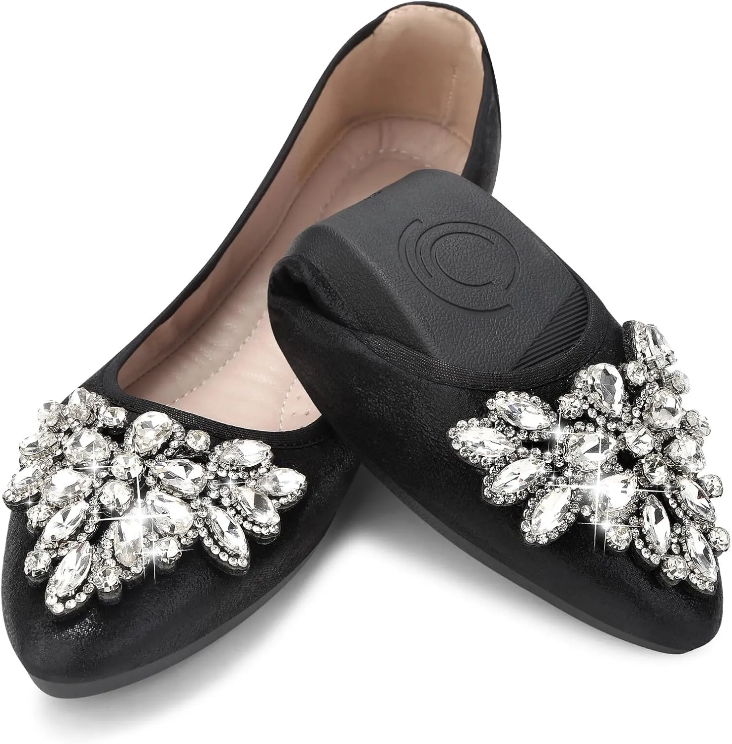 KUNWFNIX Women Ballet Flats Rhinestone Wedding Ballerina Shoes Foldable Sparkly Comfort Slip on Flat Shoes