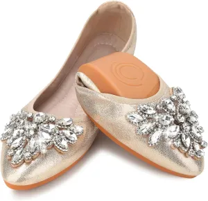 KUNWFNIX Women Ballet Flats Rhinestone Wedding Ballerina Shoes Foldable Sparkly Comfort Slip on Flat Shoes