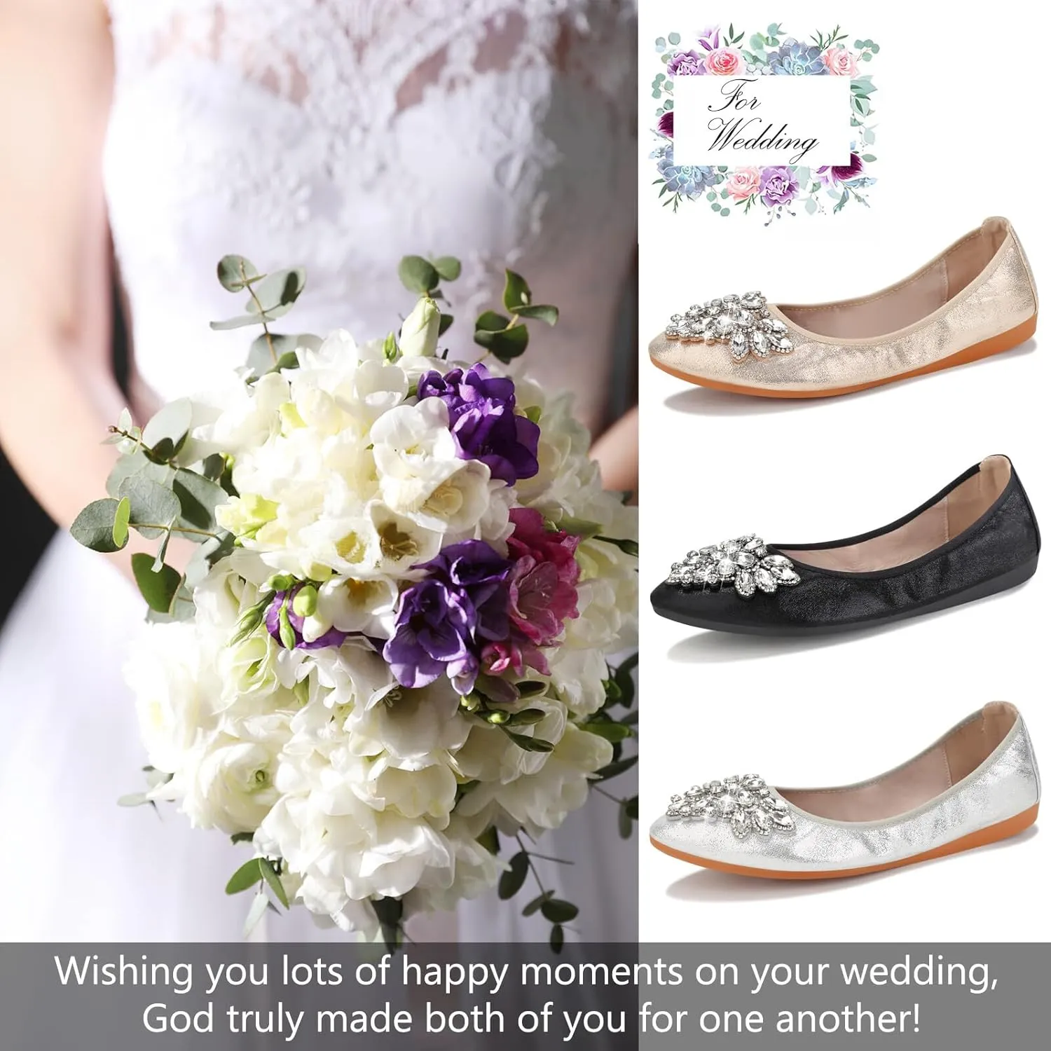 KUNWFNIX Women Ballet Flats Rhinestone Wedding Ballerina Shoes Foldable Sparkly Comfort Slip on Flat Shoes