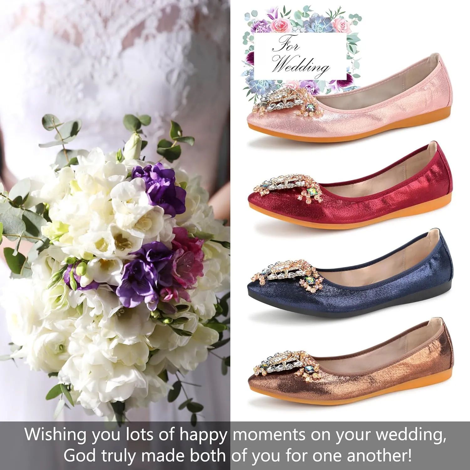 KUNWFNIX Women Ballet Flats Rhinestone Wedding Ballerina Shoes Foldable Sparkly Comfort Slip on Flat Shoes