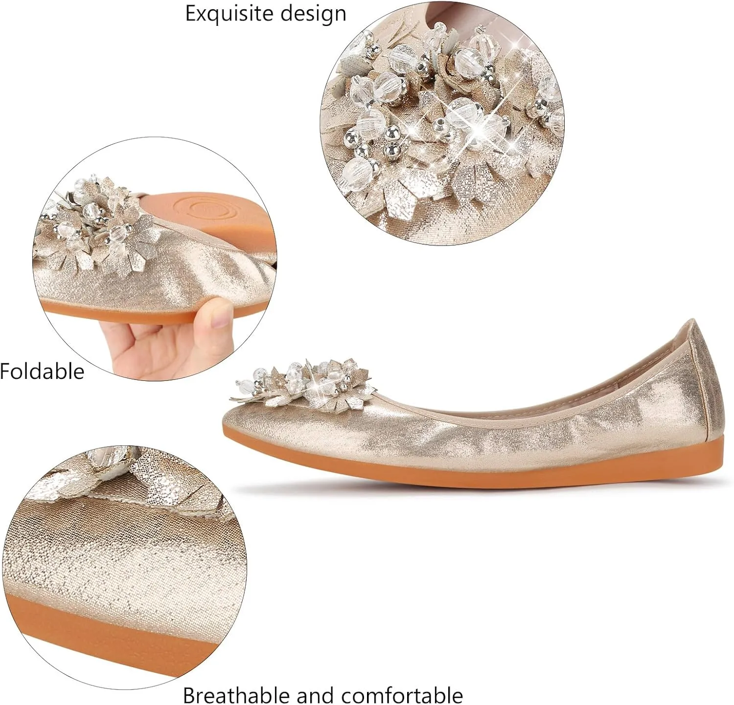 KUNWFNIX Women Ballet Flats Rhinestone Wedding Ballerina Shoes Foldable Sparkly Comfort Slip on Flat Shoes