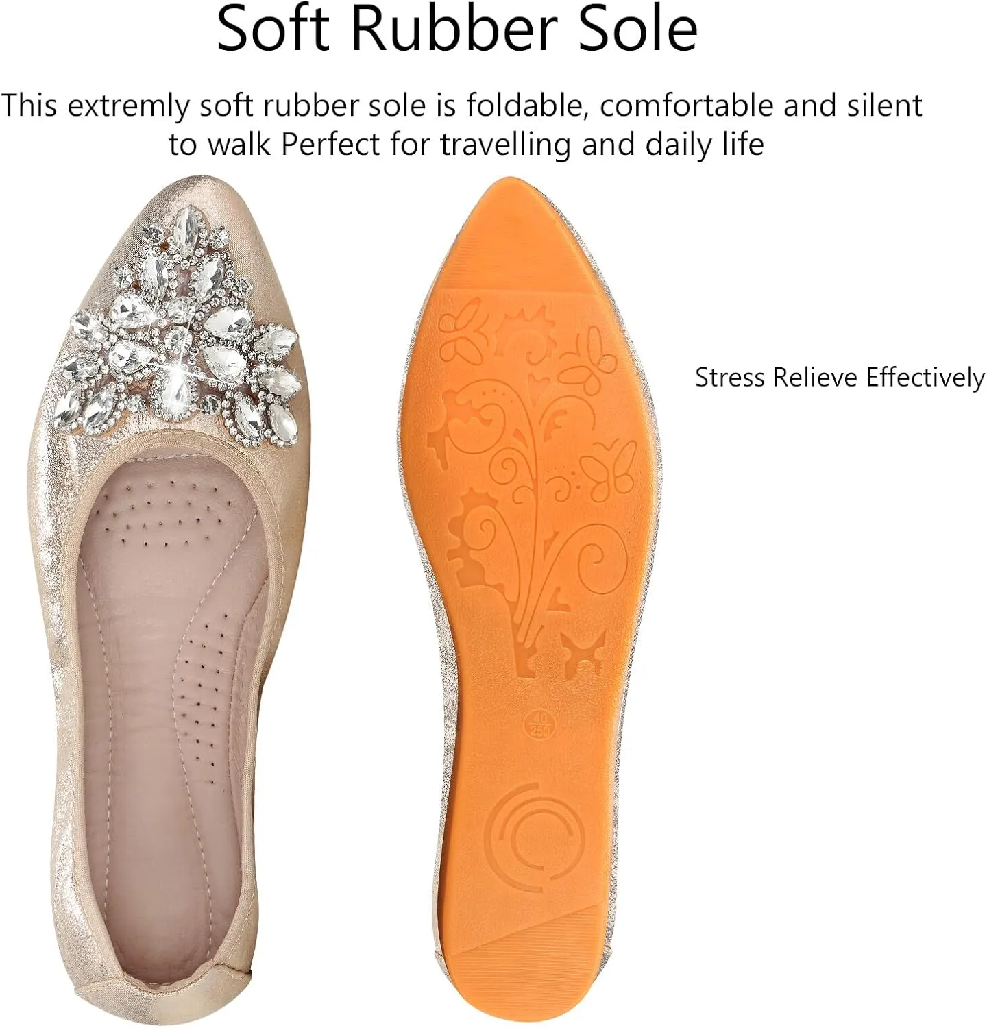 KUNWFNIX Women Ballet Flats Rhinestone Wedding Ballerina Shoes Foldable Sparkly Comfort Slip on Flat Shoes