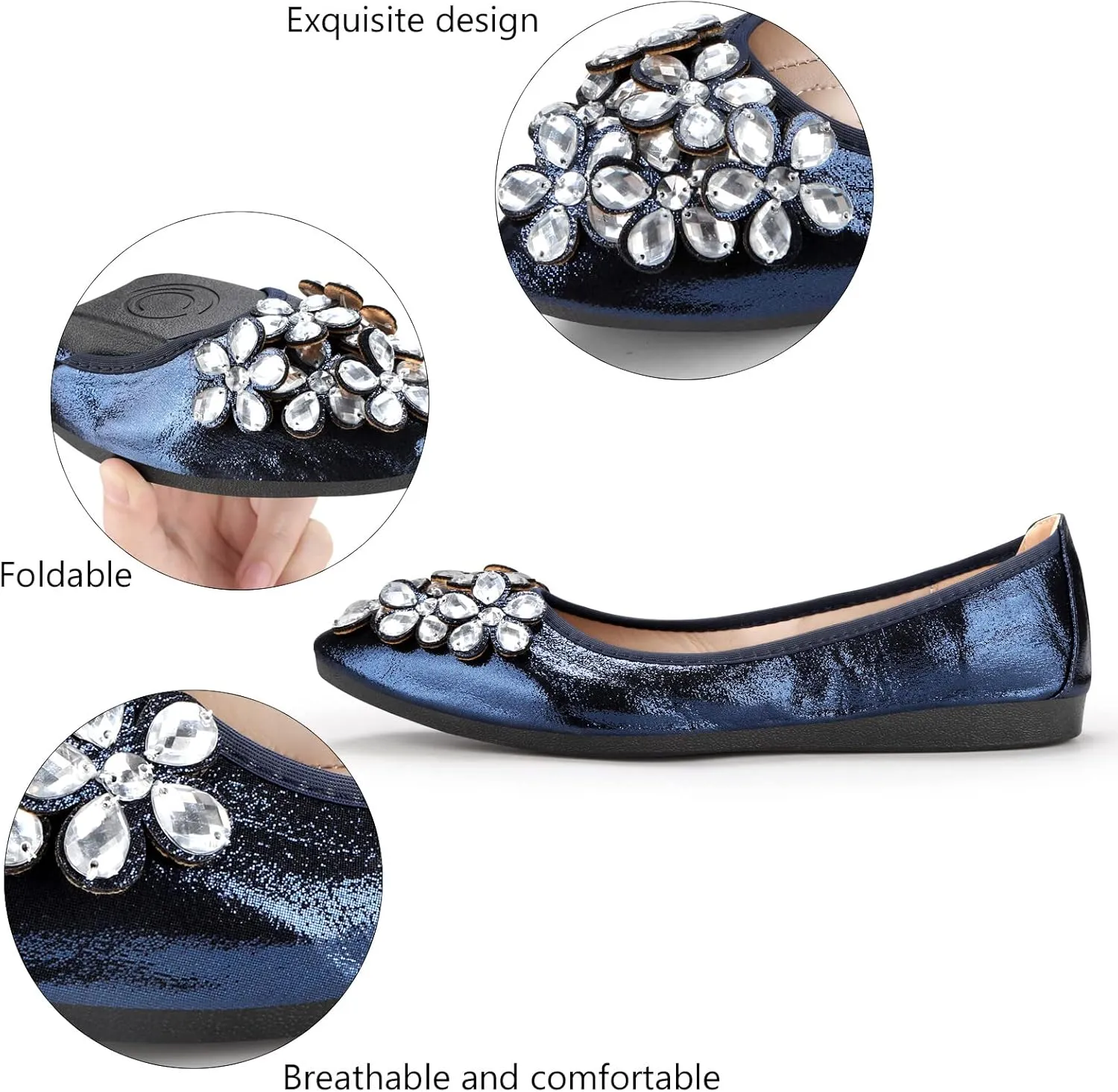 KUNWFNIX Women Ballet Flats Rhinestone Wedding Ballerina Shoes Foldable Sparkly Comfort Slip on Flat Shoes