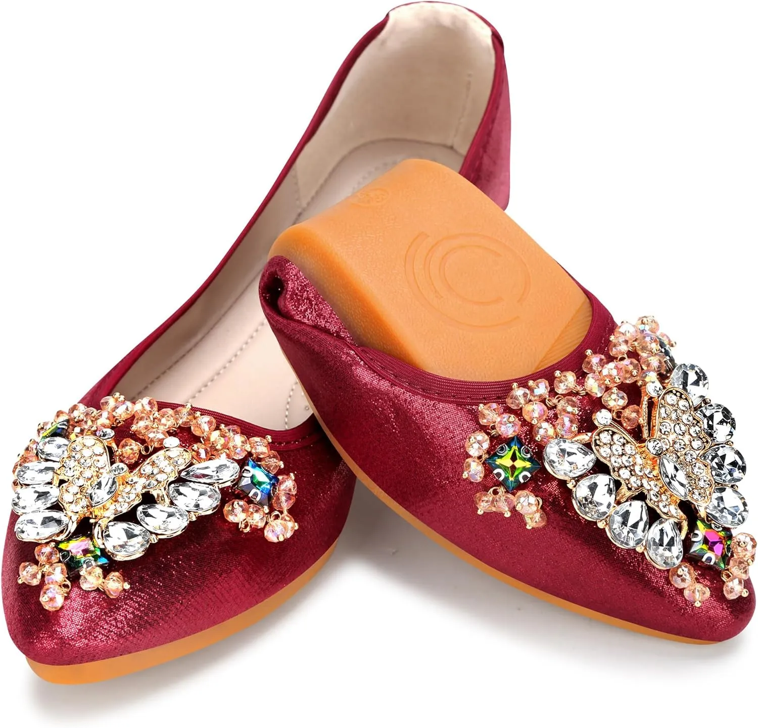 KUNWFNIX Women Ballet Flats Rhinestone Wedding Ballerina Shoes Foldable Sparkly Comfort Slip on Flat Shoes