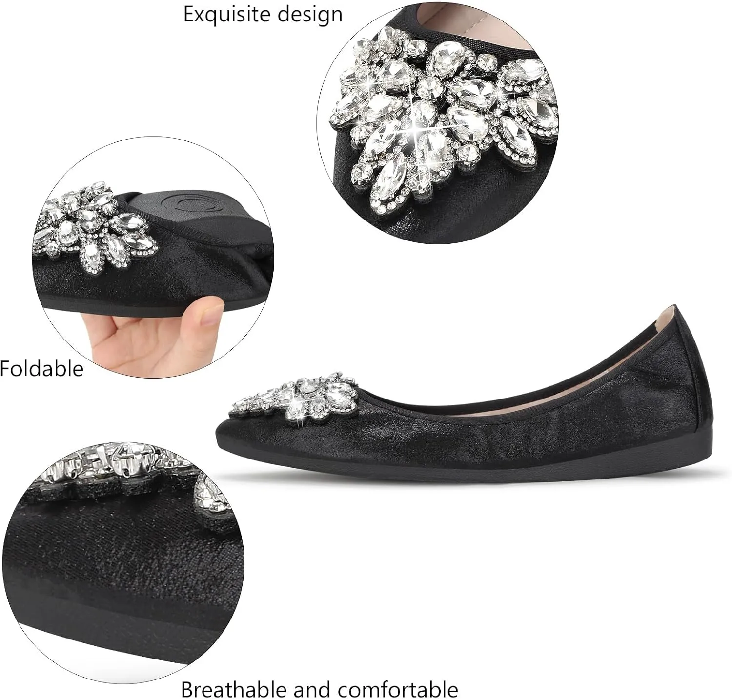 KUNWFNIX Women Ballet Flats Rhinestone Wedding Ballerina Shoes Foldable Sparkly Comfort Slip on Flat Shoes