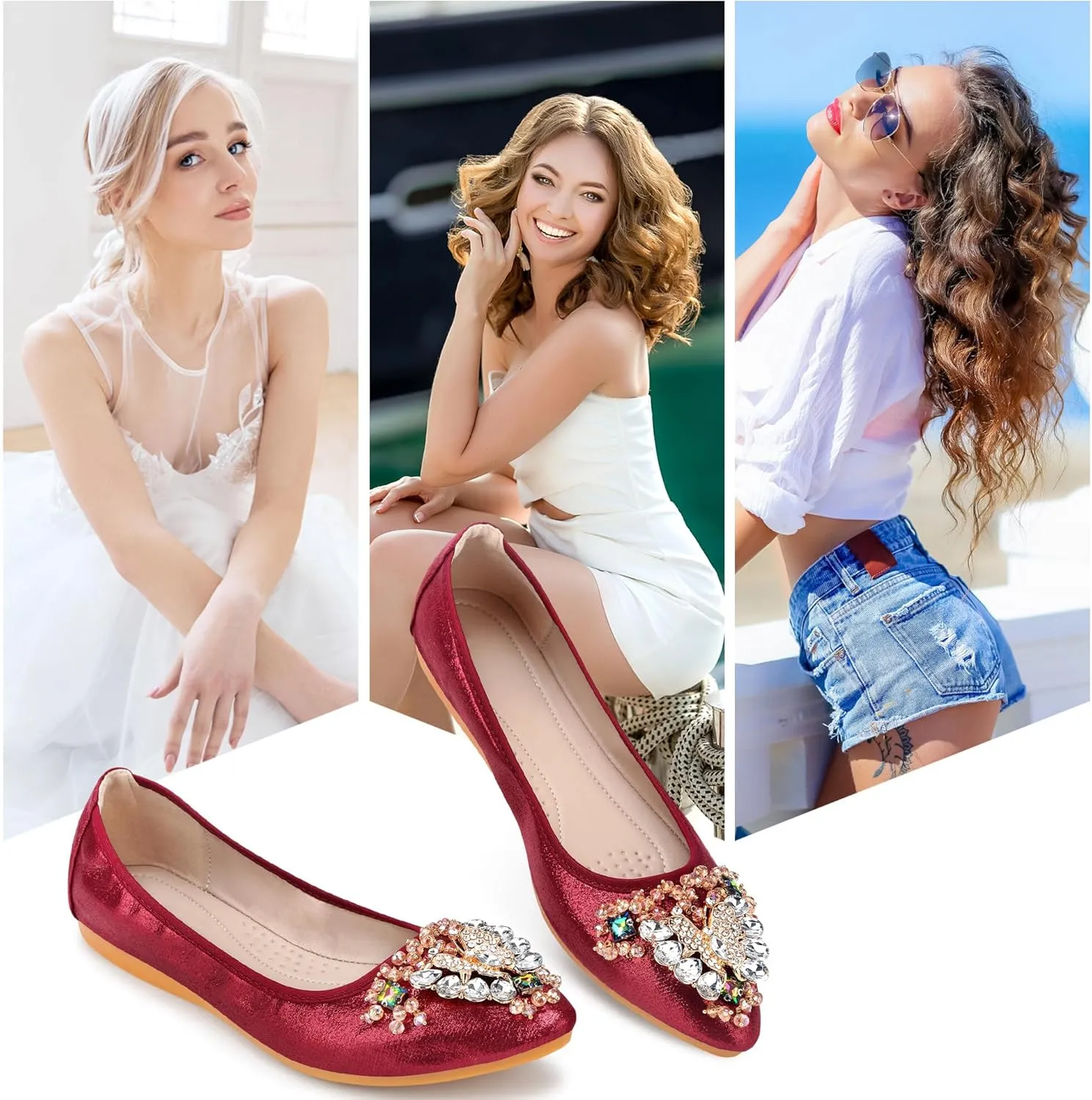 KUNWFNIX Women Ballet Flats Rhinestone Wedding Ballerina Shoes Foldable Sparkly Comfort Slip on Flat Shoes