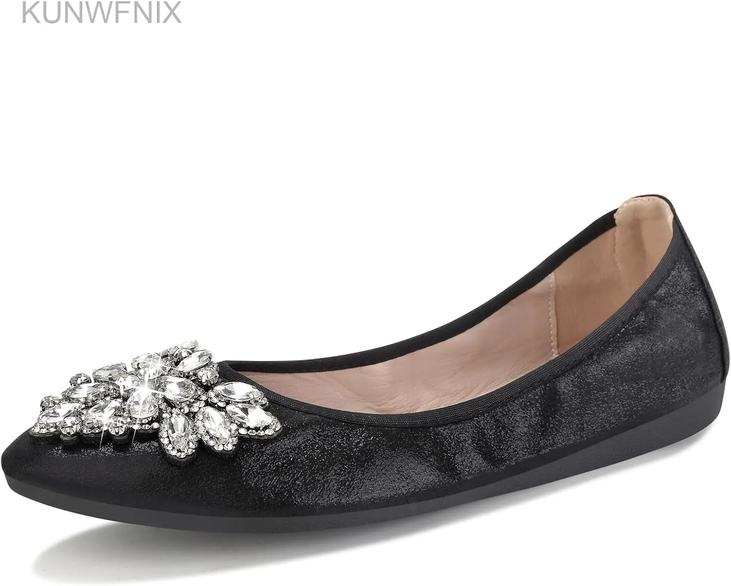 KUNWFNIX Women Ballet Flats Rhinestone Wedding Ballerina Shoes Foldable Sparkly Comfort Slip on Flat Shoes