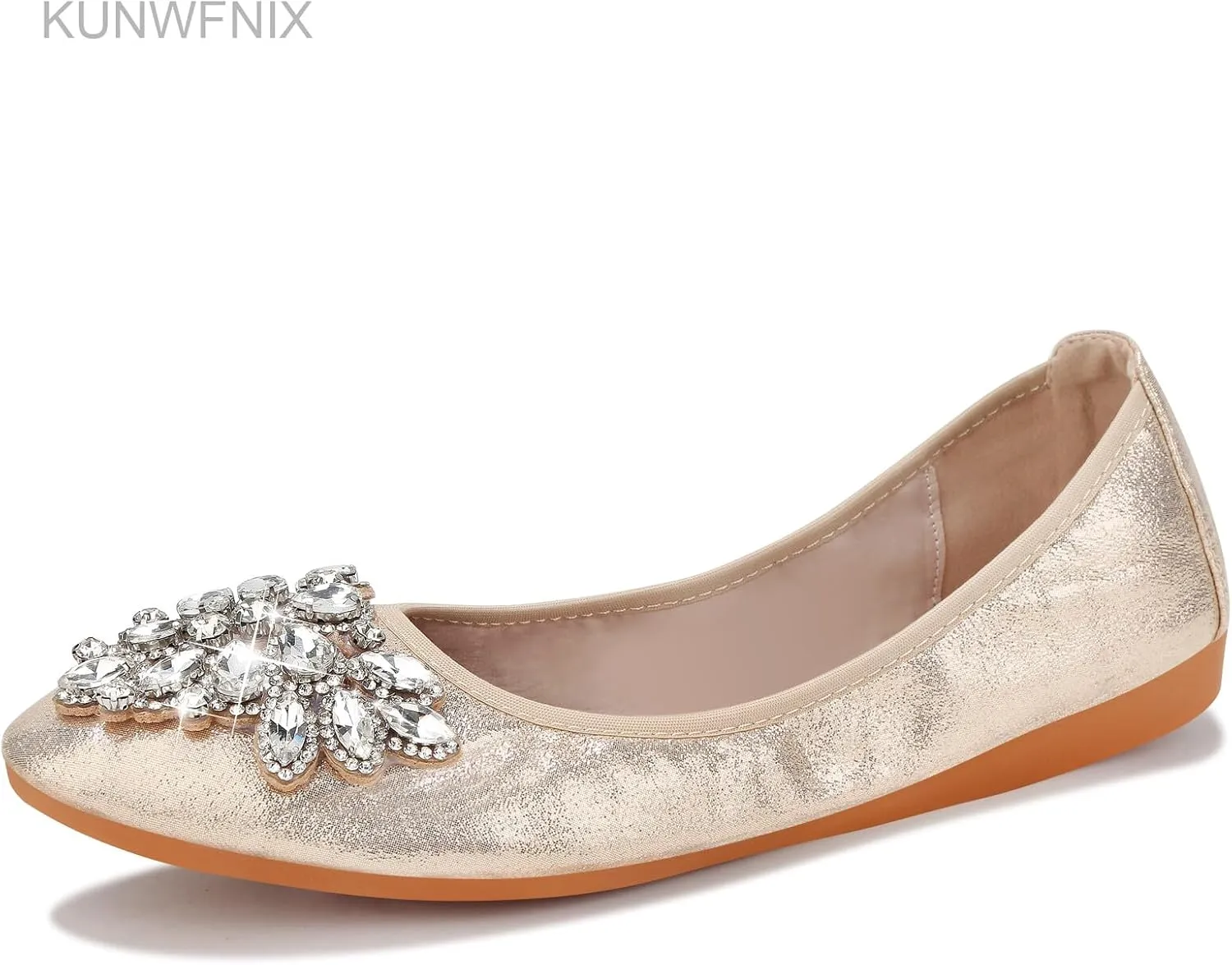 KUNWFNIX Women Ballet Flats Rhinestone Wedding Ballerina Shoes Foldable Sparkly Comfort Slip on Flat Shoes