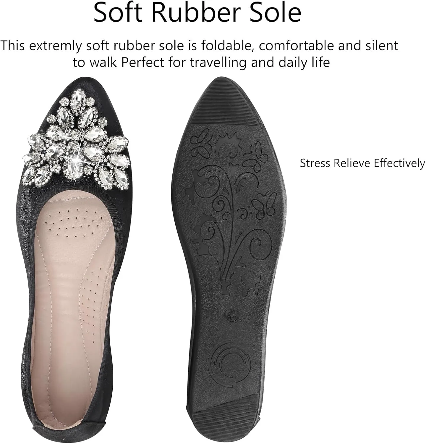 KUNWFNIX Women Ballet Flats Rhinestone Wedding Ballerina Shoes Foldable Sparkly Comfort Slip on Flat Shoes