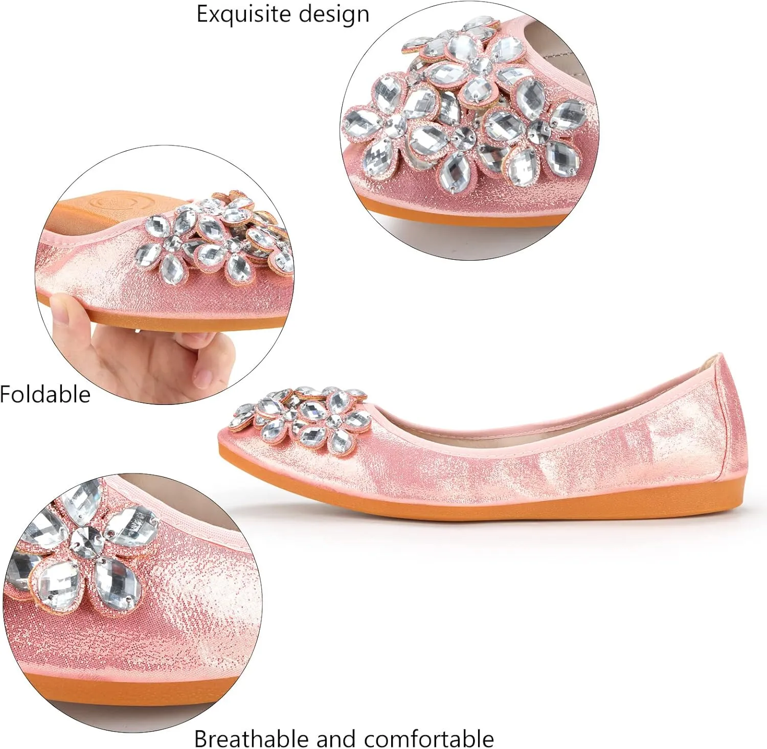 KUNWFNIX Women Ballet Flats Rhinestone Wedding Ballerina Shoes Foldable Sparkly Comfort Slip on Flat Shoes
