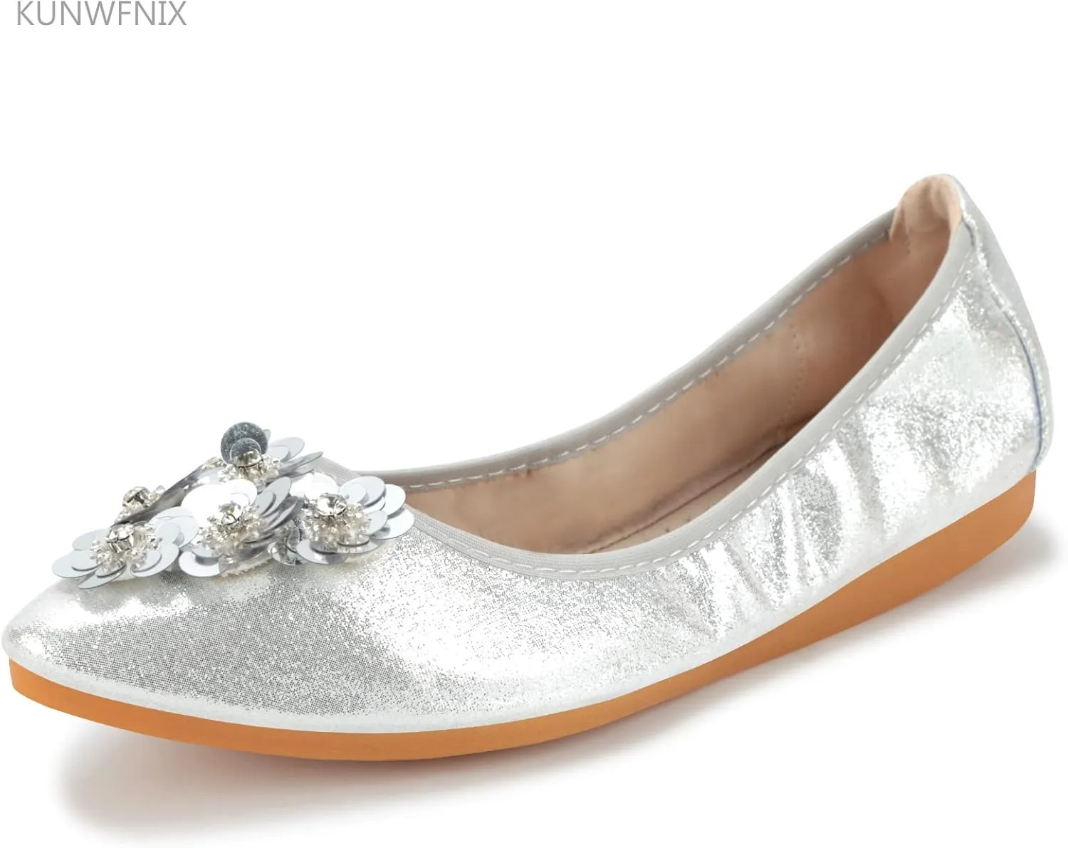 KUNWFNIX Women Ballet Flats Rhinestone Wedding Ballerina Shoes Foldable Sparkly Comfort Slip on Flat Shoes