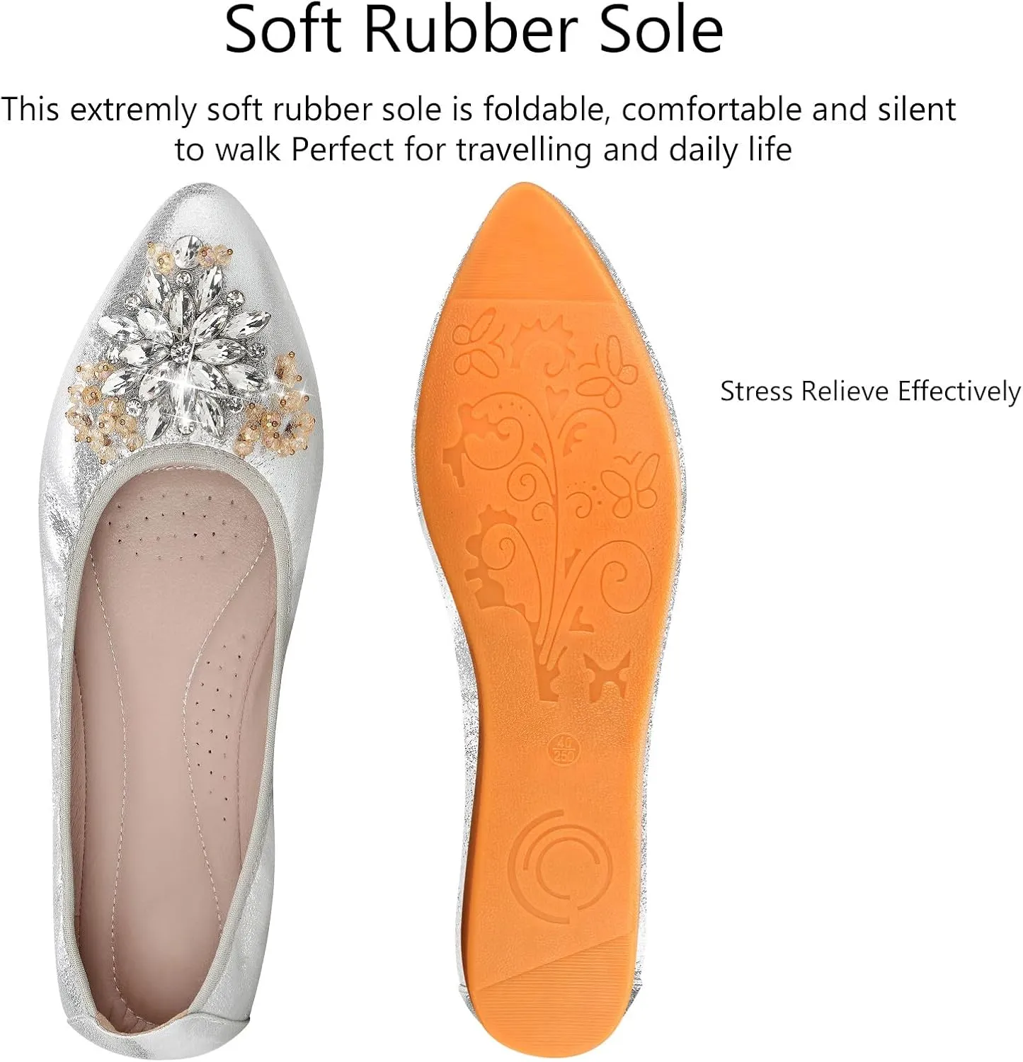 KUNWFNIX Women Ballet Flats Rhinestone Wedding Ballerina Shoes Foldable Sparkly Comfort Slip on Flat Shoes