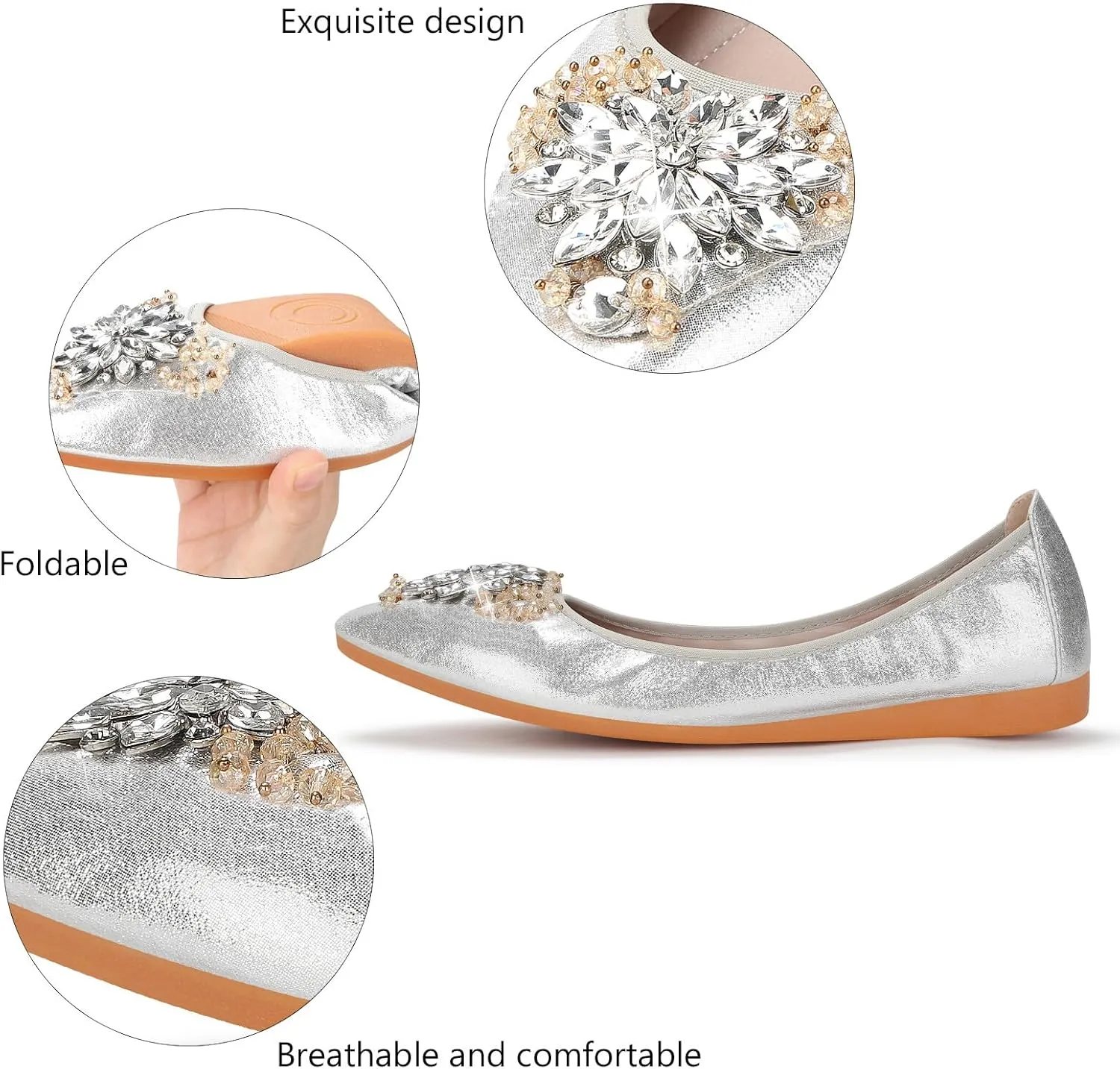 KUNWFNIX Women Ballet Flats Rhinestone Wedding Ballerina Shoes Foldable Sparkly Comfort Slip on Flat Shoes
