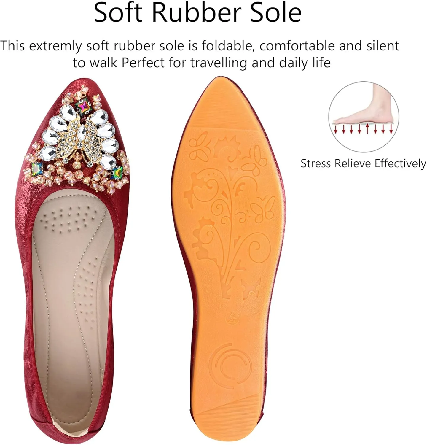 KUNWFNIX Women Ballet Flats Rhinestone Wedding Ballerina Shoes Foldable Sparkly Comfort Slip on Flat Shoes