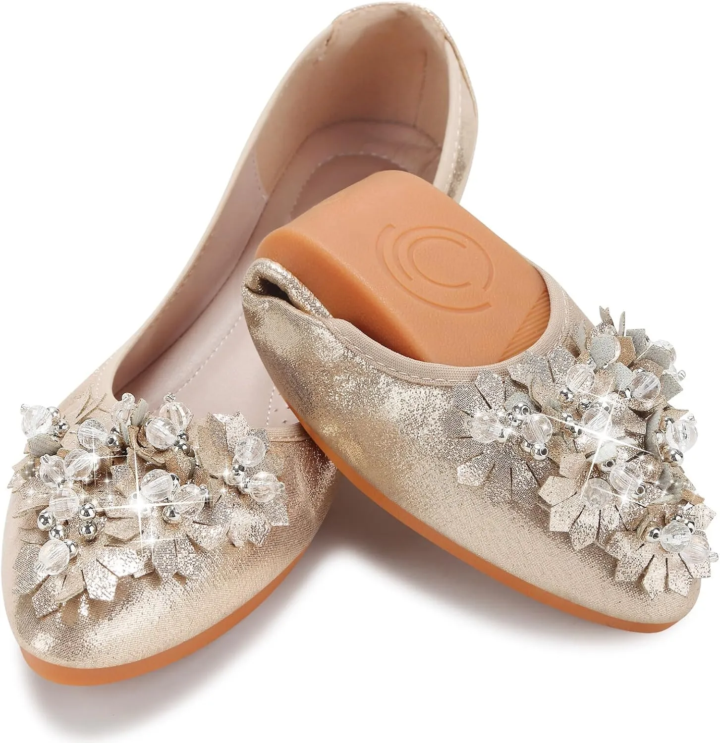 KUNWFNIX Women Ballet Flats Rhinestone Wedding Ballerina Shoes Foldable Sparkly Comfort Slip on Flat Shoes