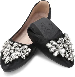 KUNWFNIX Women Ballet Flats Rhinestone Wedding Ballerina Shoes Foldable Sparkly Comfort Slip on Flat Shoes