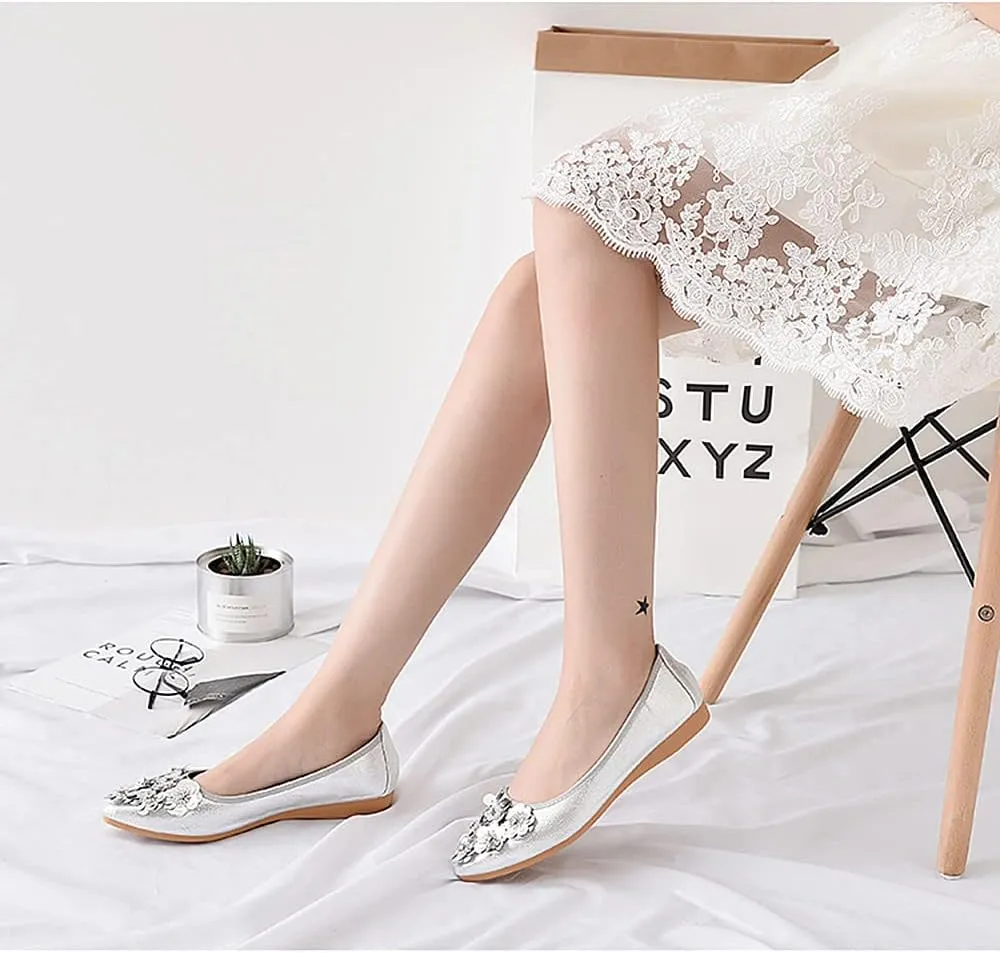 KUNWFNIX Women Ballet Flats Rhinestone Wedding Ballerina Shoes Foldable Sparkly Comfort Slip on Flat Shoes