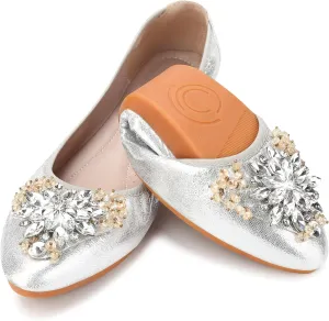 KUNWFNIX Women Ballet Flats Rhinestone Wedding Ballerina Shoes Foldable Sparkly Comfort Slip on Flat Shoes