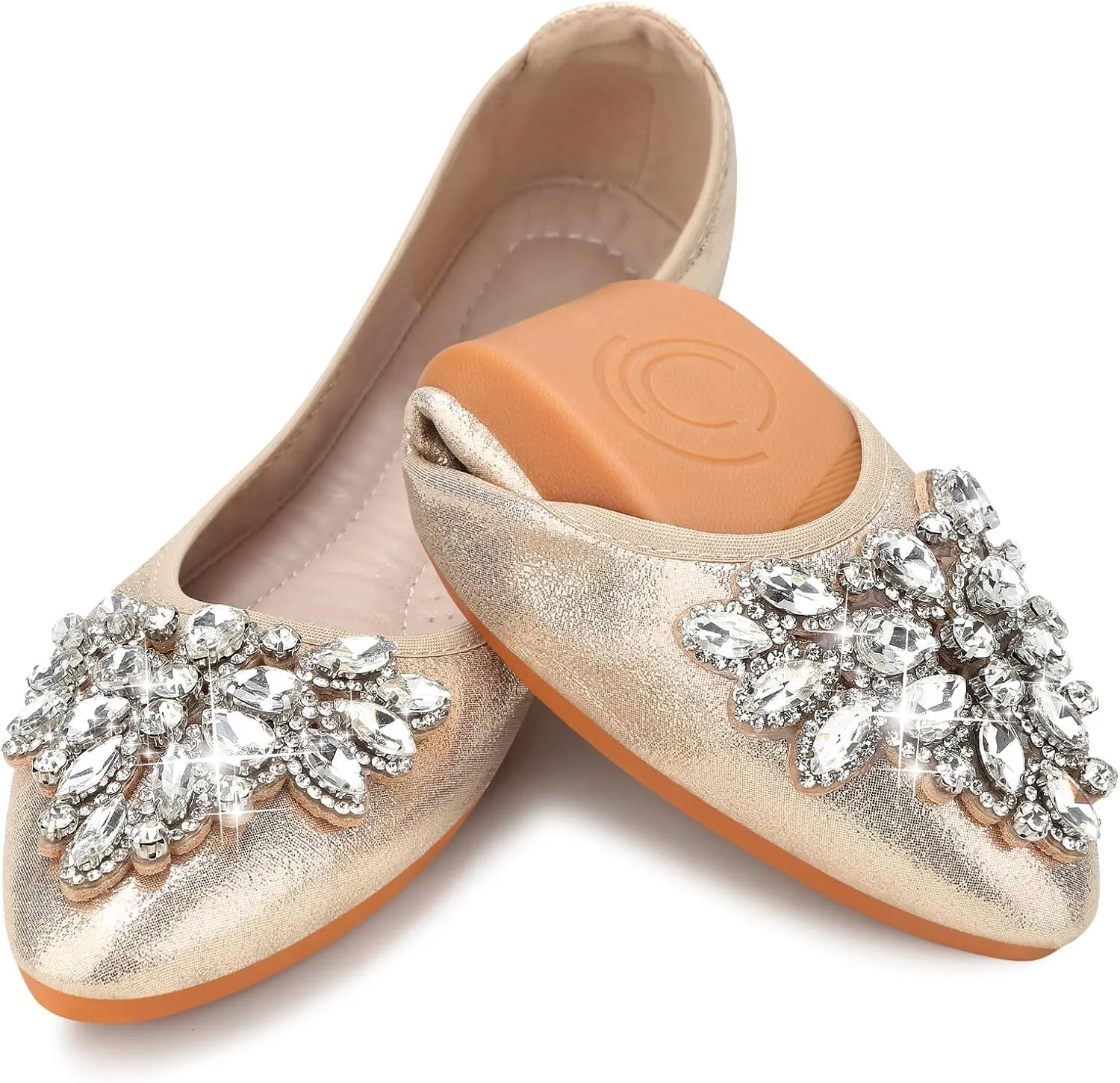 KUNWFNIX Women Ballet Flats Rhinestone Wedding Ballerina Shoes Foldable Sparkly Comfort Slip on Flat Shoes