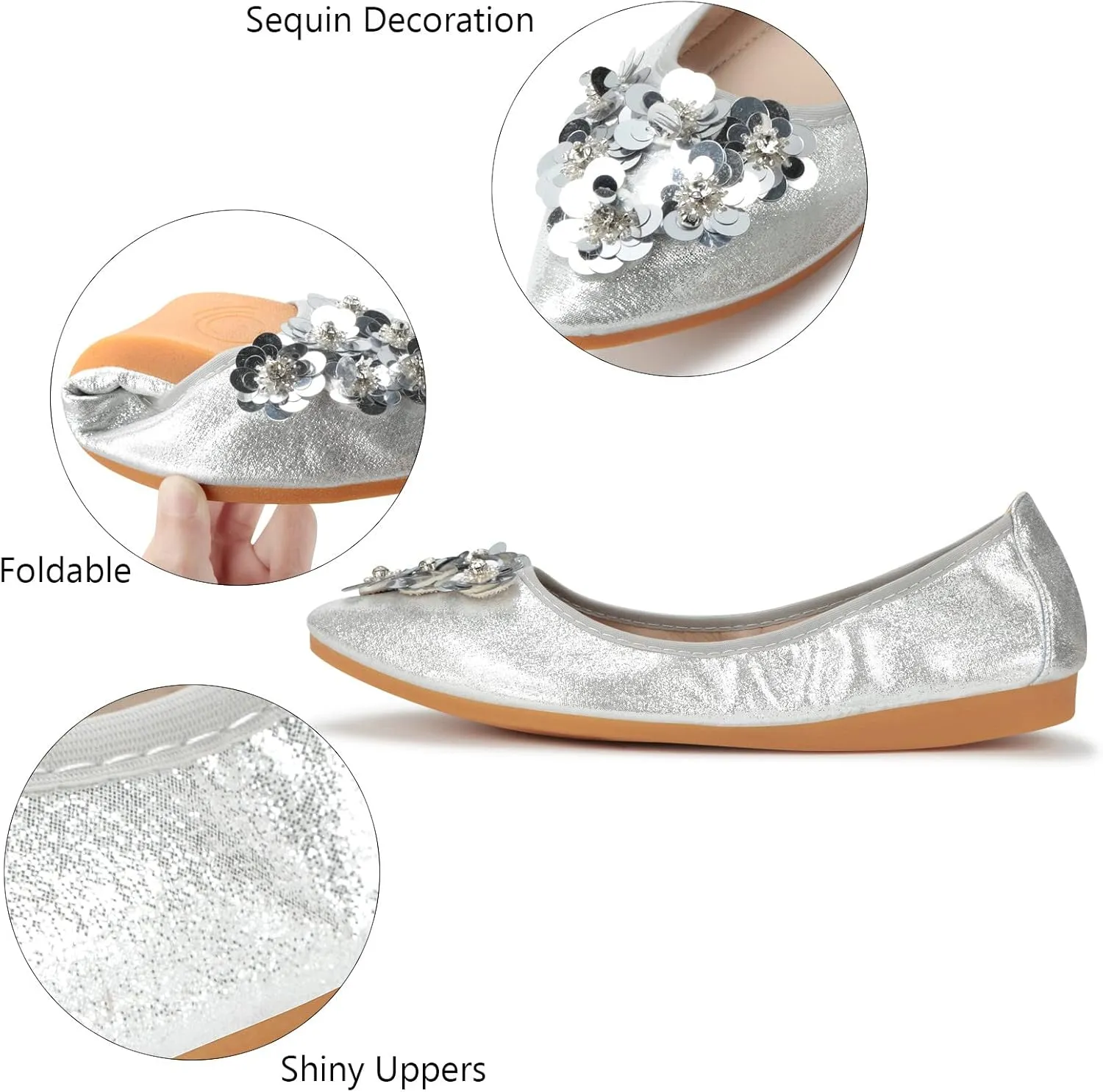 KUNWFNIX Women Ballet Flats Rhinestone Wedding Ballerina Shoes Foldable Sparkly Comfort Slip on Flat Shoes