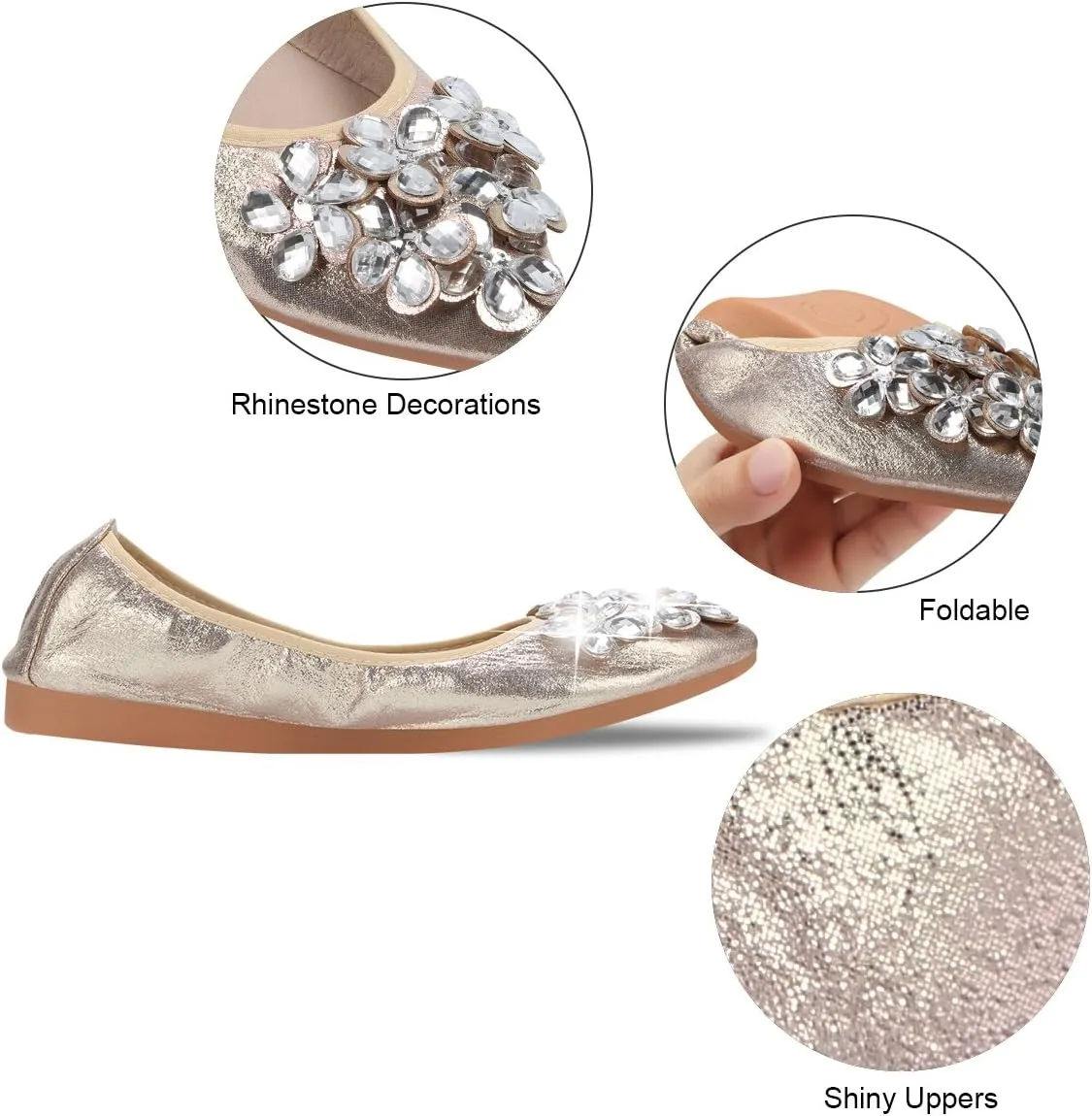 KUNWFNIX Women Ballet Flats Rhinestone Wedding Ballerina Shoes Foldable Sparkly Comfort Slip on Flat Shoes