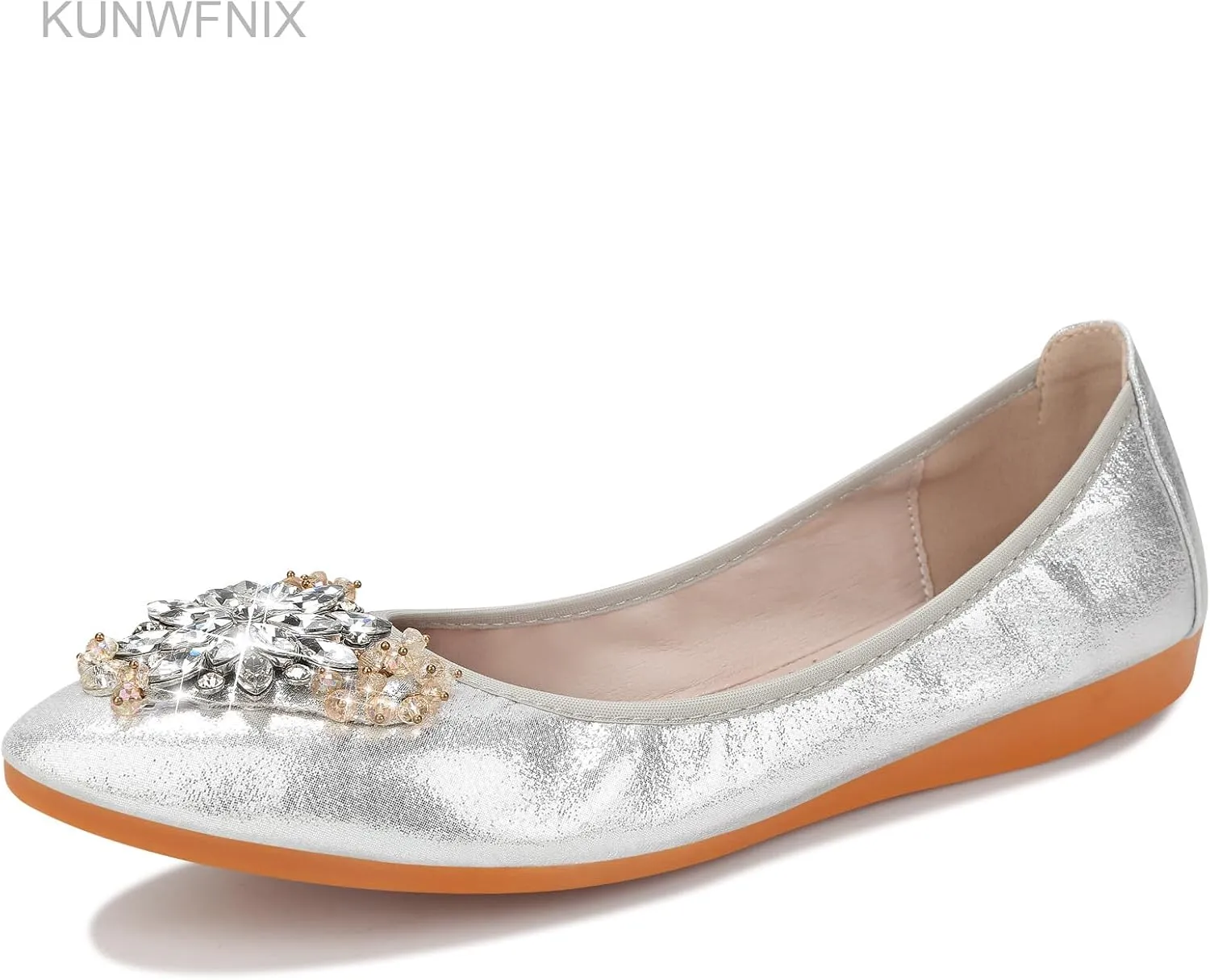KUNWFNIX Women Ballet Flats Rhinestone Wedding Ballerina Shoes Foldable Sparkly Comfort Slip on Flat Shoes
