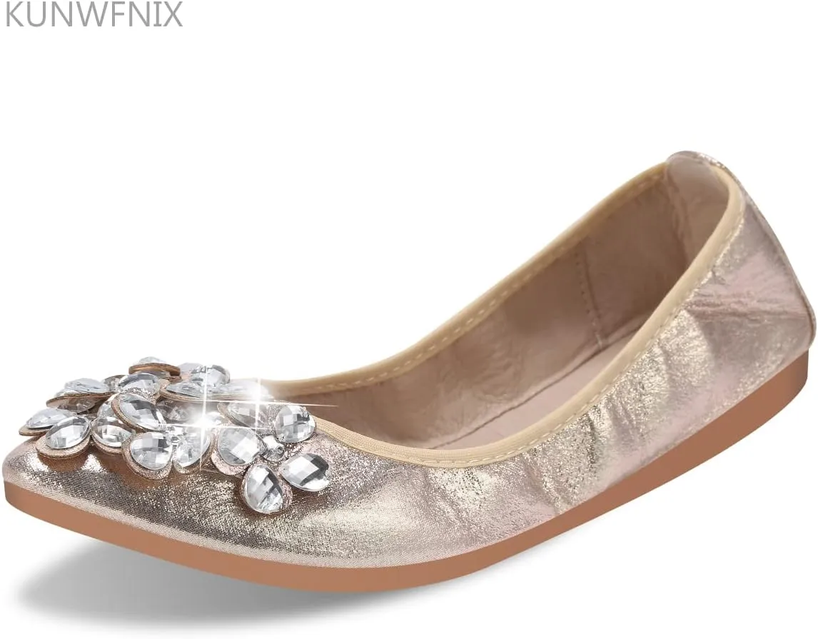 KUNWFNIX Women Ballet Flats Rhinestone Wedding Ballerina Shoes Foldable Sparkly Comfort Slip on Flat Shoes
