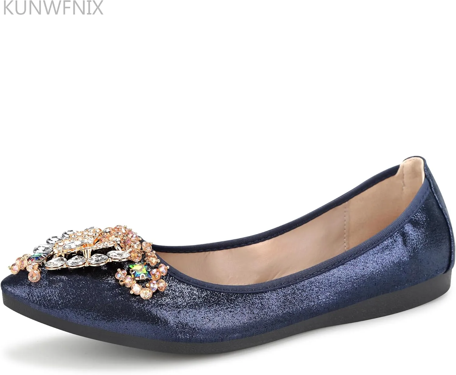 KUNWFNIX Women Ballet Flats Rhinestone Wedding Ballerina Shoes Foldable Sparkly Comfort Slip on Flat Shoes