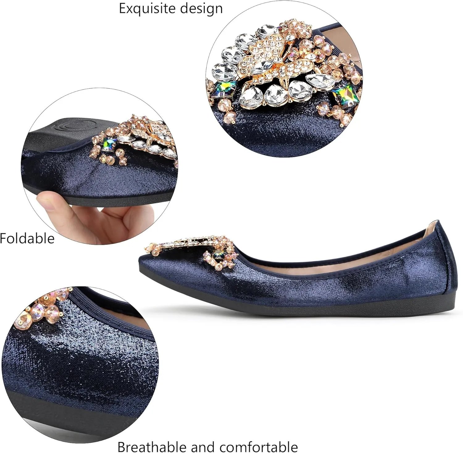 KUNWFNIX Women Ballet Flats Rhinestone Wedding Ballerina Shoes Foldable Sparkly Comfort Slip on Flat Shoes