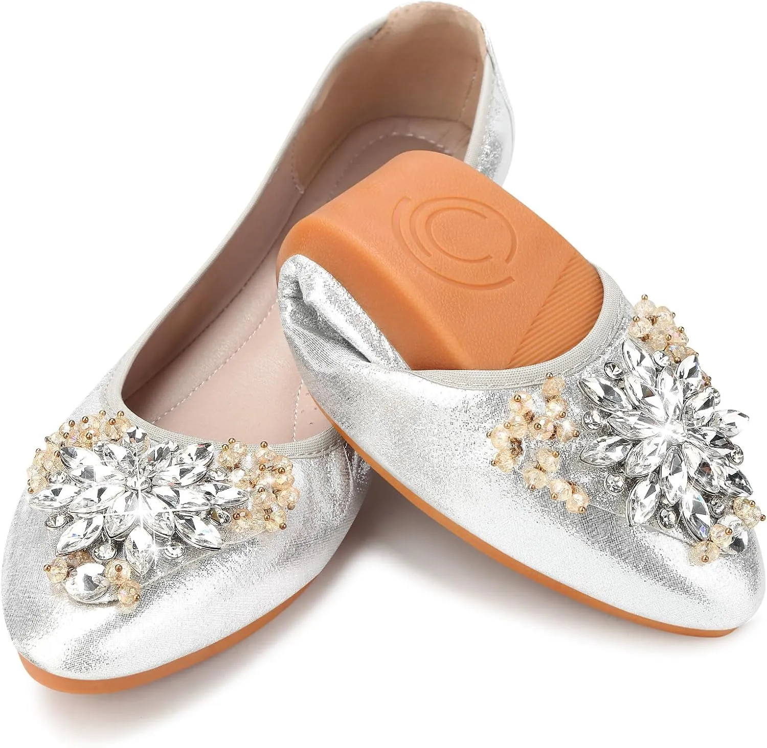 KUNWFNIX Women Ballet Flats Rhinestone Wedding Ballerina Shoes Foldable Sparkly Comfort Slip on Flat Shoes
