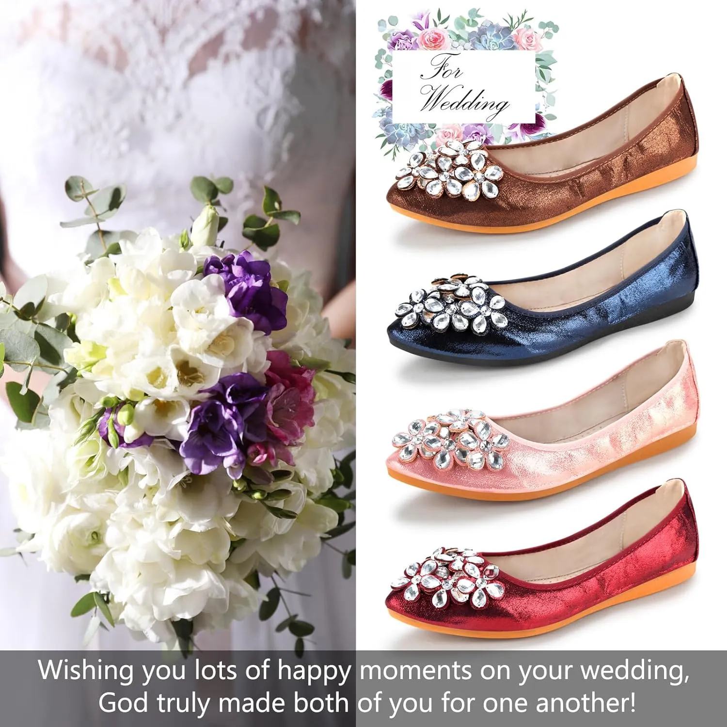 KUNWFNIX Women Ballet Flats Rhinestone Wedding Ballerina Shoes Foldable Sparkly Comfort Slip on Flat Shoes
